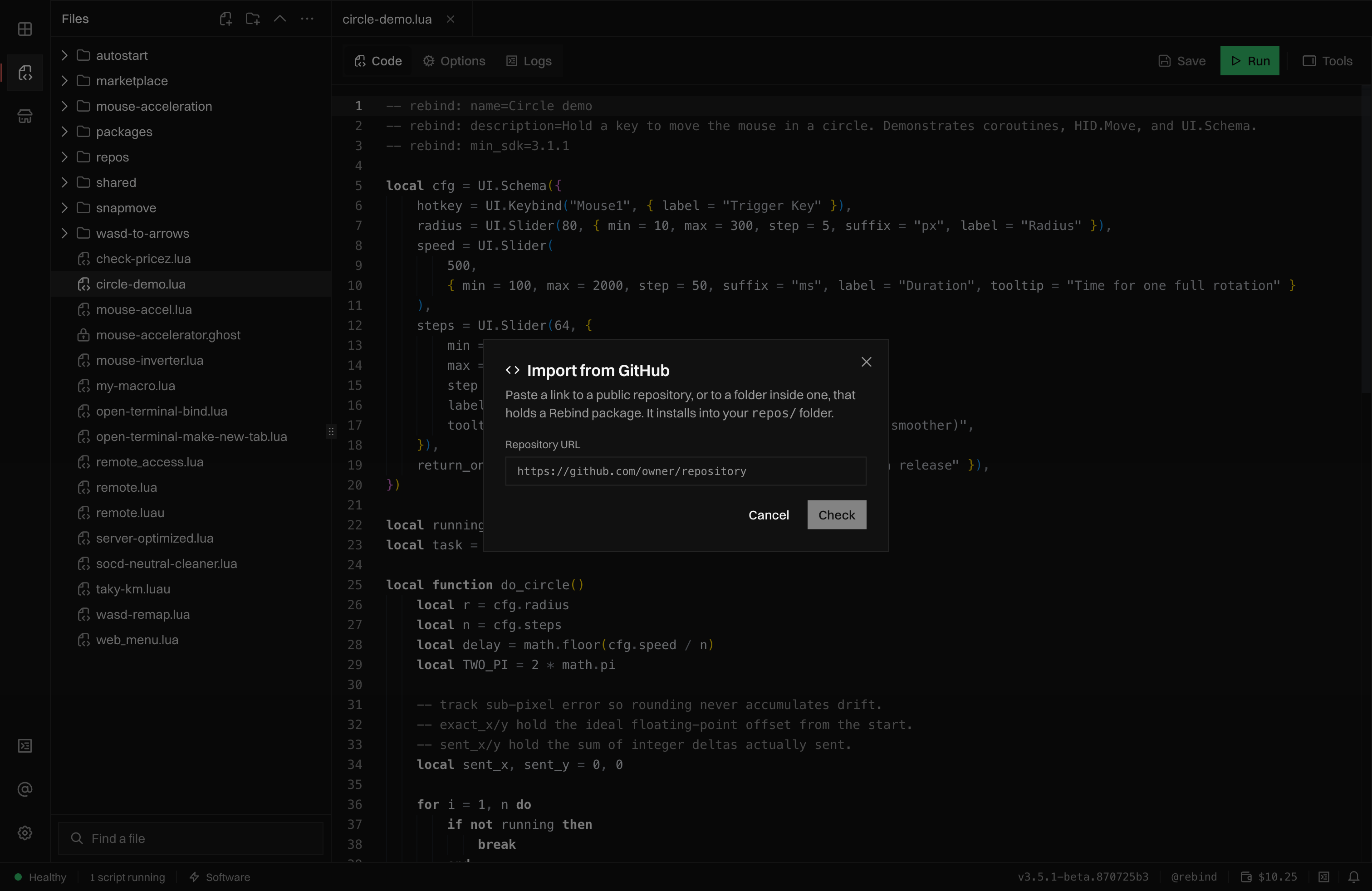 The import dialog over the script editor, with a link field and Cancel and Check buttons
