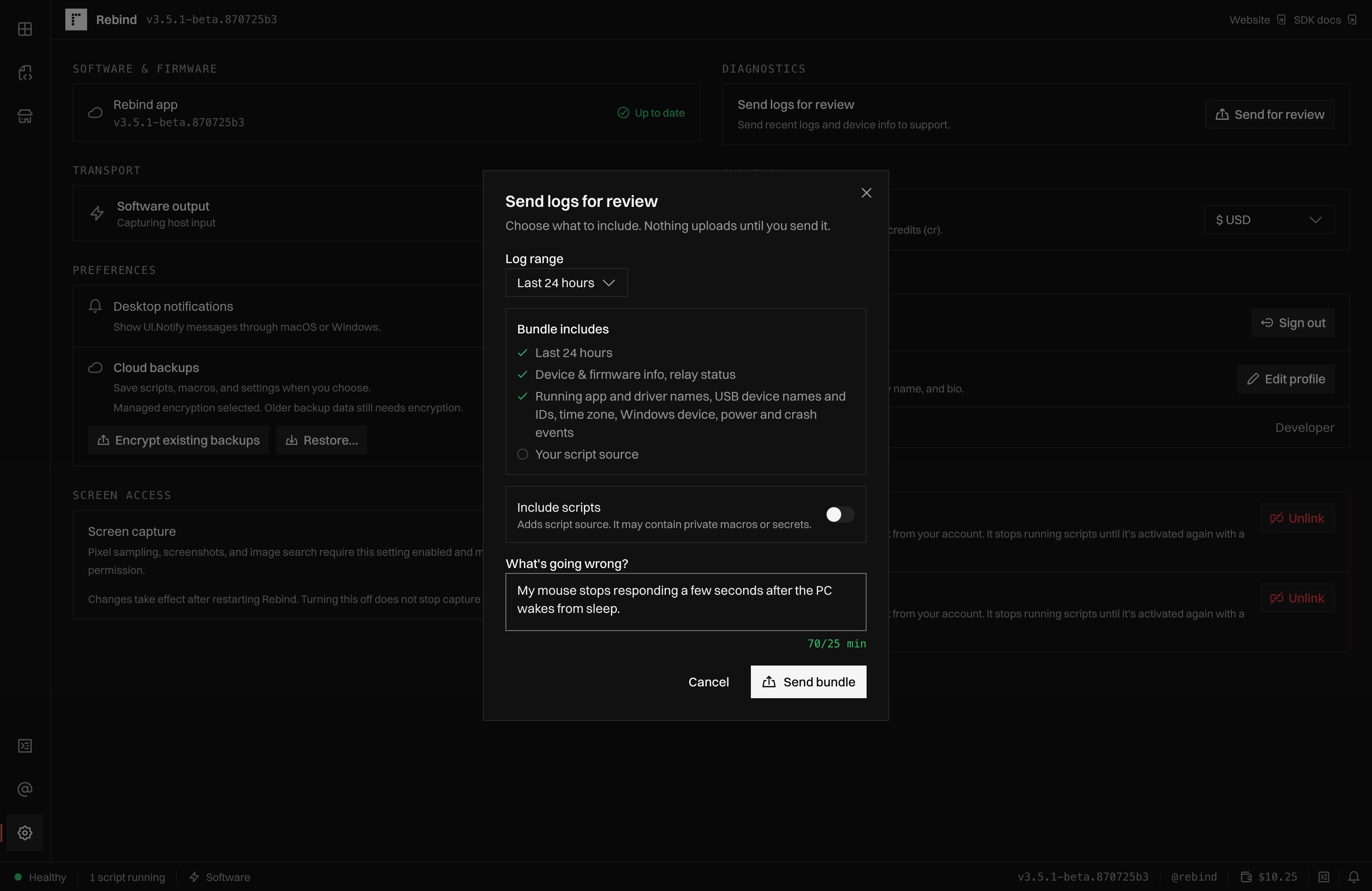 The Send logs for review dialog with a log range menu, the list of bundle contents, an Include scripts toggle, a description of the problem, and a Send bundle button