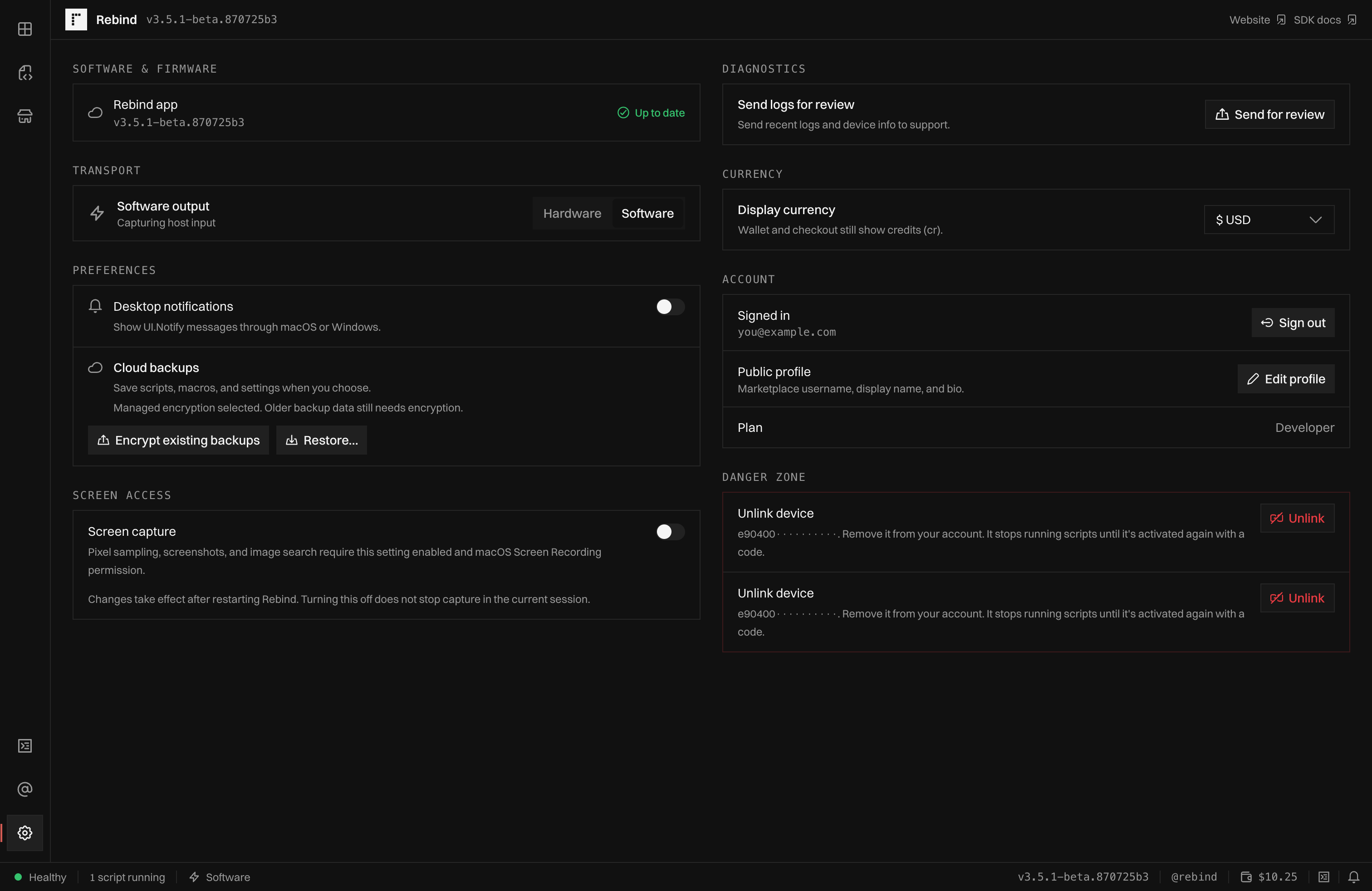 The Settings view with software and firmware, transport, preferences, cloud backups, screen access, diagnostics, currency, and account sections
