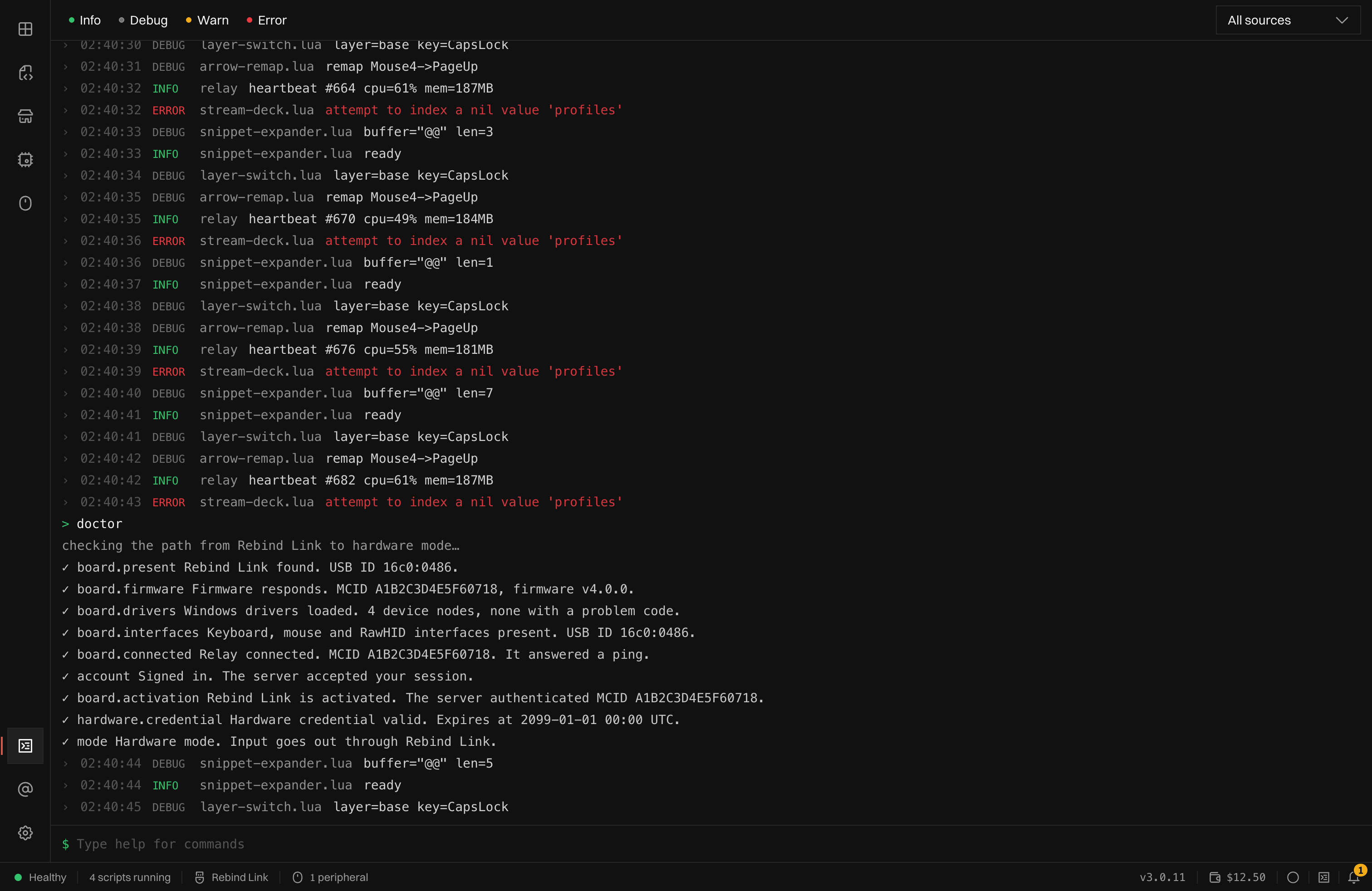 The Console showing the output of the doctor command, one line per check