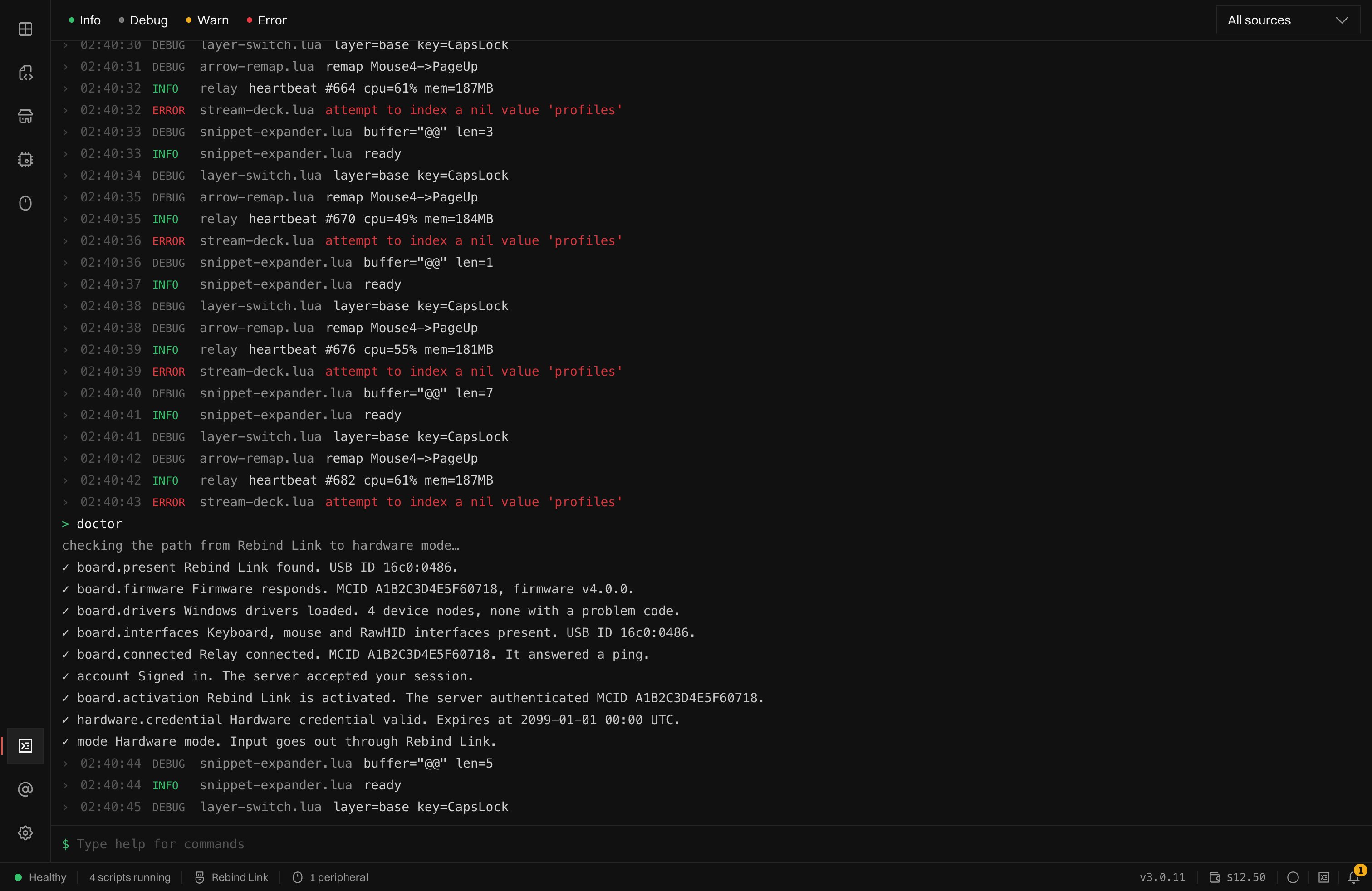 The Console showing the output of the doctor command, one line per check