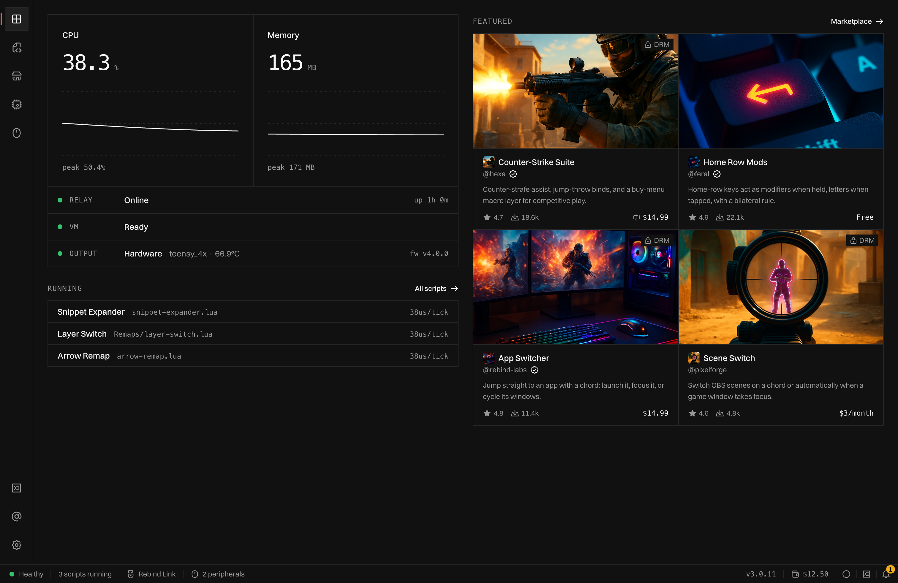 The Dashboard with CPU and memory graphs, Relay, VM, and Output rows, a Running list of three scripts, and four Featured marketplace listings