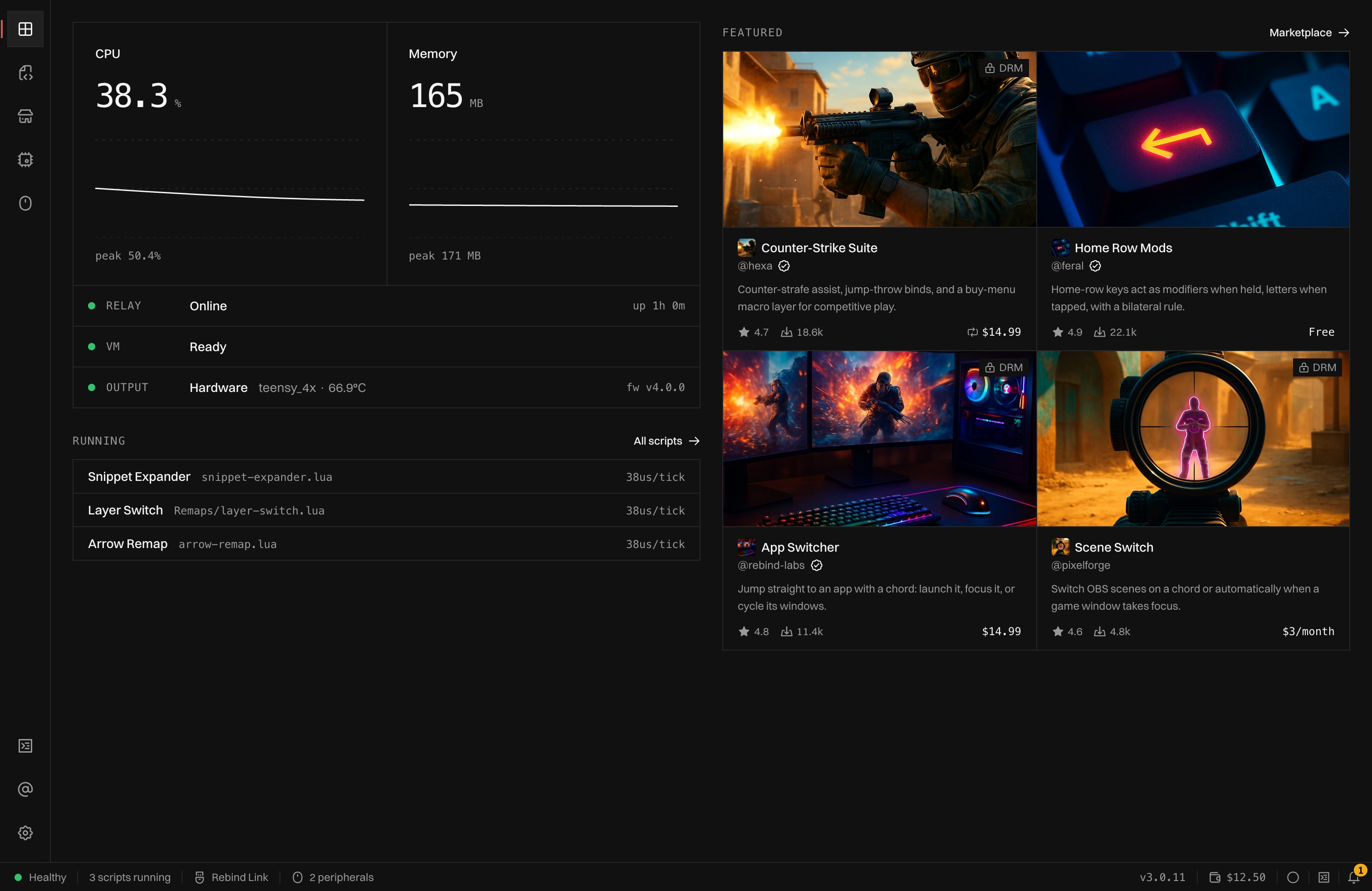 The Dashboard with CPU and memory graphs, Relay, VM, and Output rows, a Running list of three scripts, and four Featured marketplace listings