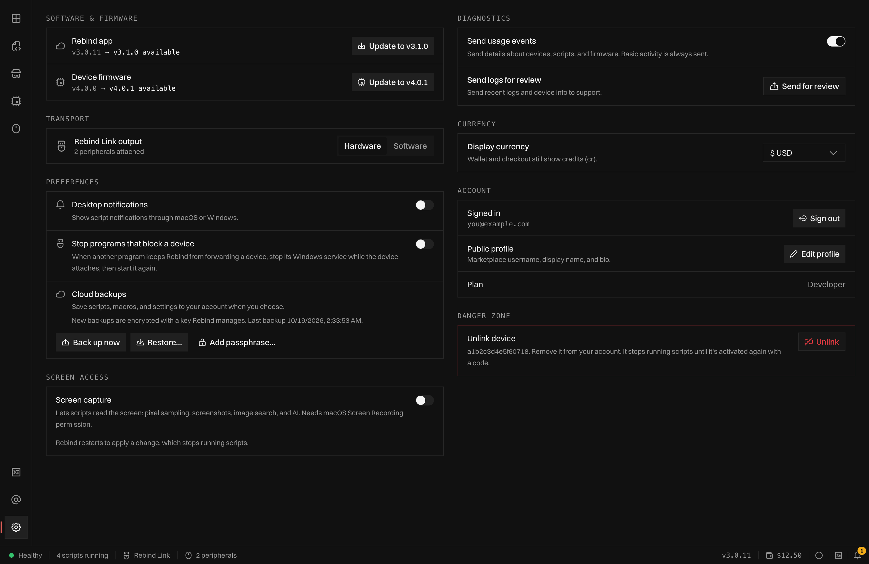 The Settings view with Software and firmware, Transport, Preferences, Screen access, Diagnostics, Currency, Account, and Danger zone sections