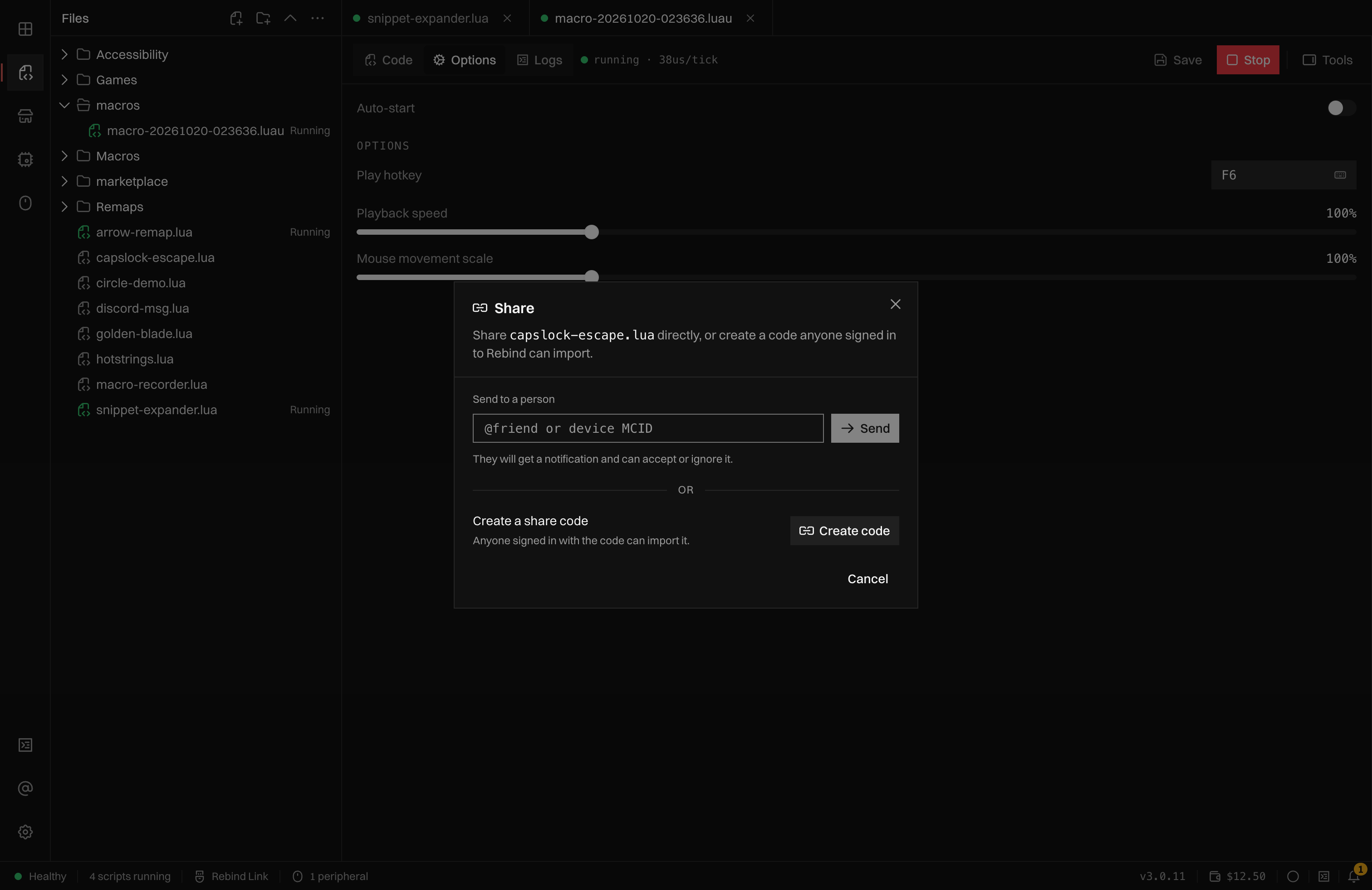 The Share dialog with a recipient field, a Send button, and a Create code button