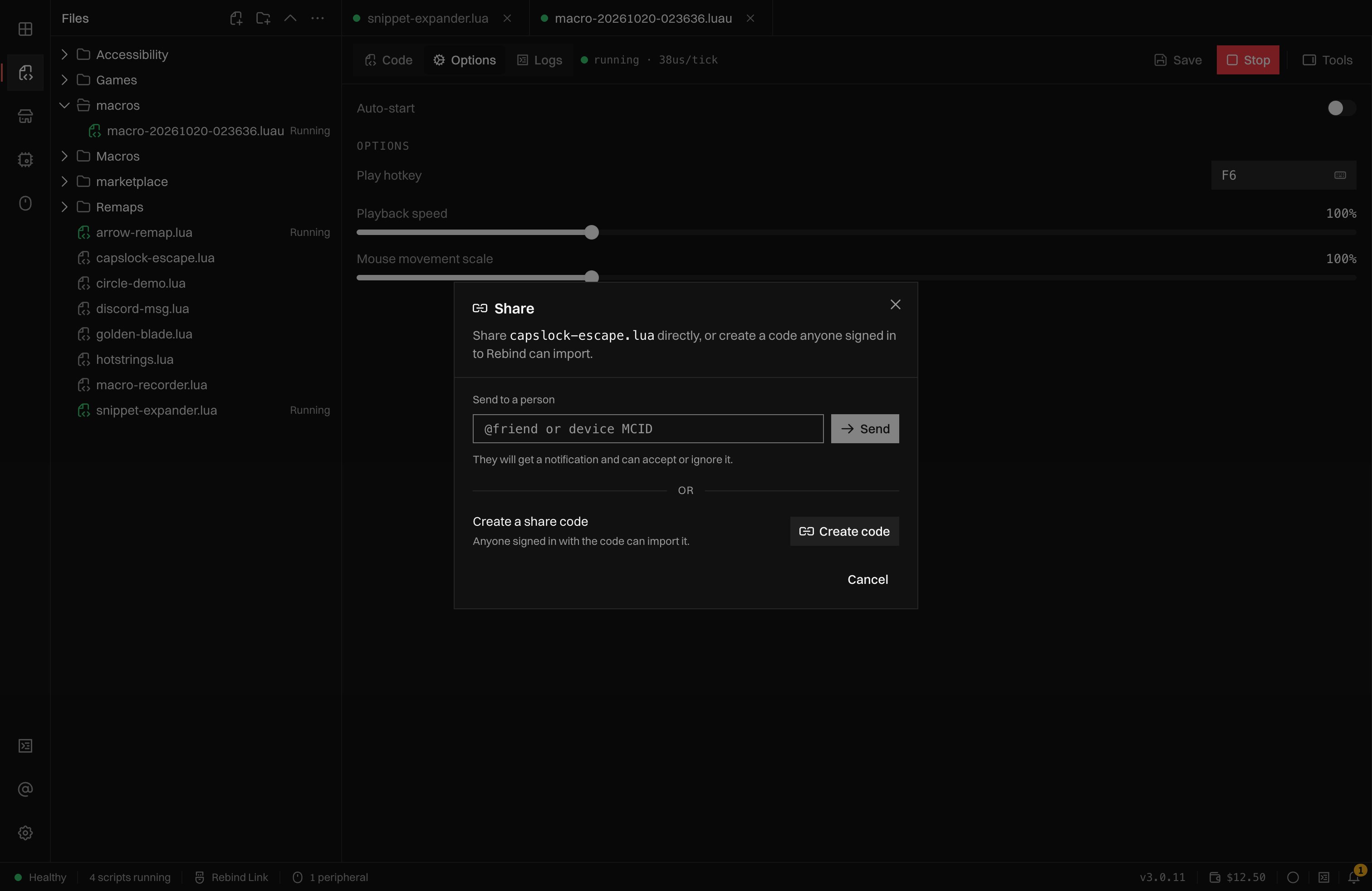 The Share dialog with a recipient field, a Send button, and a Create code button