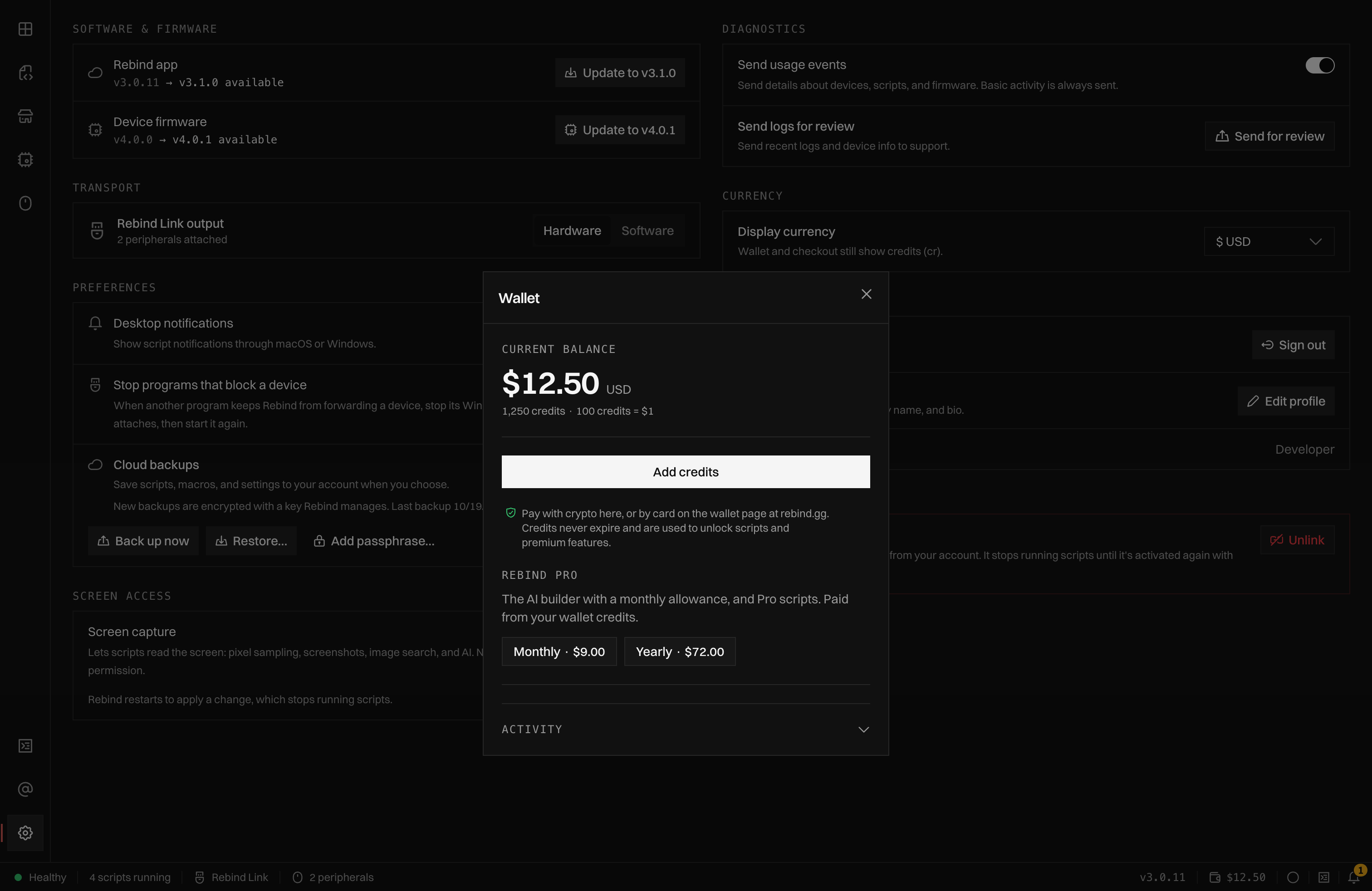 The Wallet panel with the current credit balance, an Add credits button, and a Rebind Pro section with Monthly and Yearly buttons