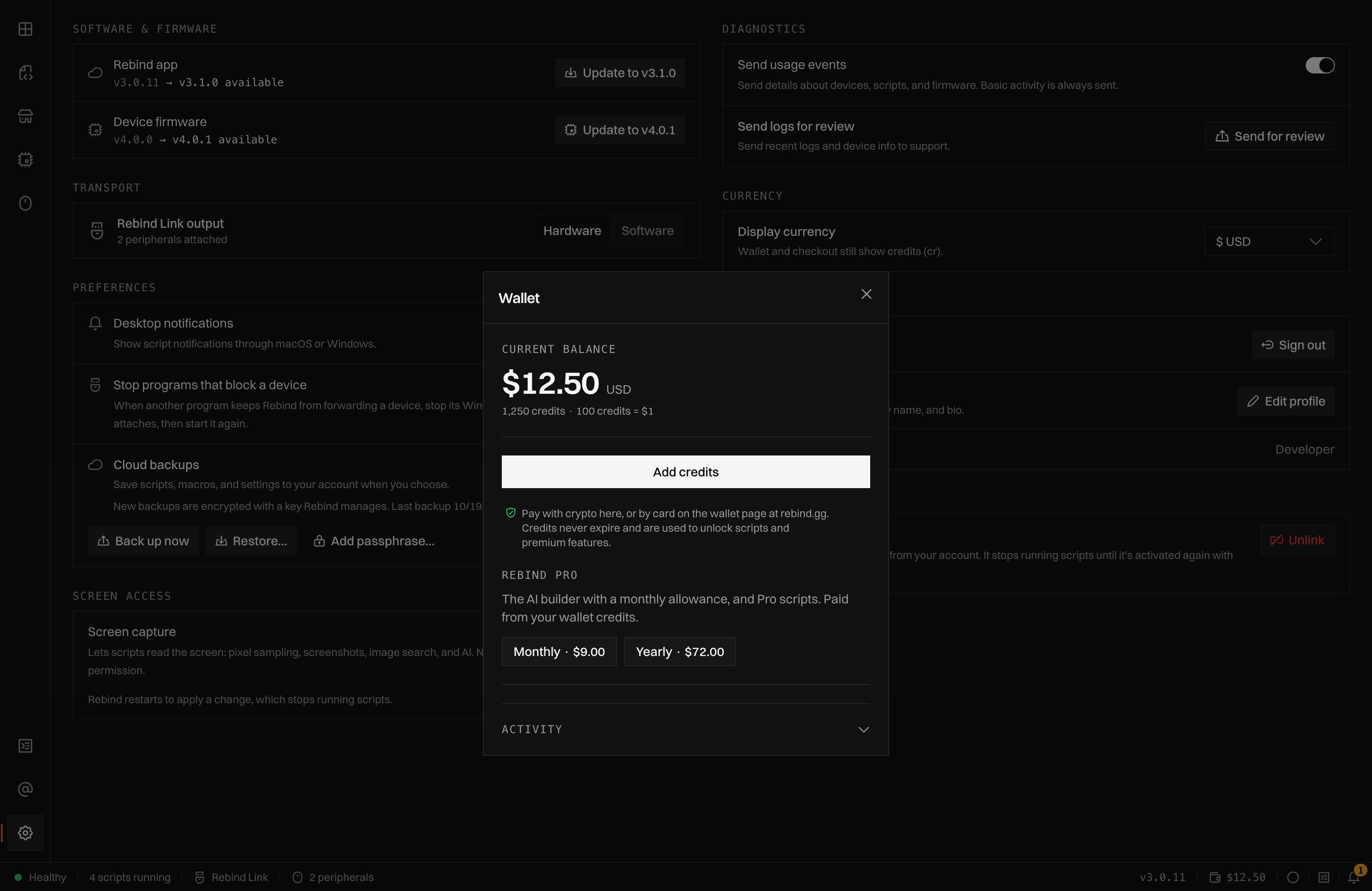 The Wallet panel with the current credit balance, an Add credits button, and a Rebind Pro section with Monthly and Yearly buttons