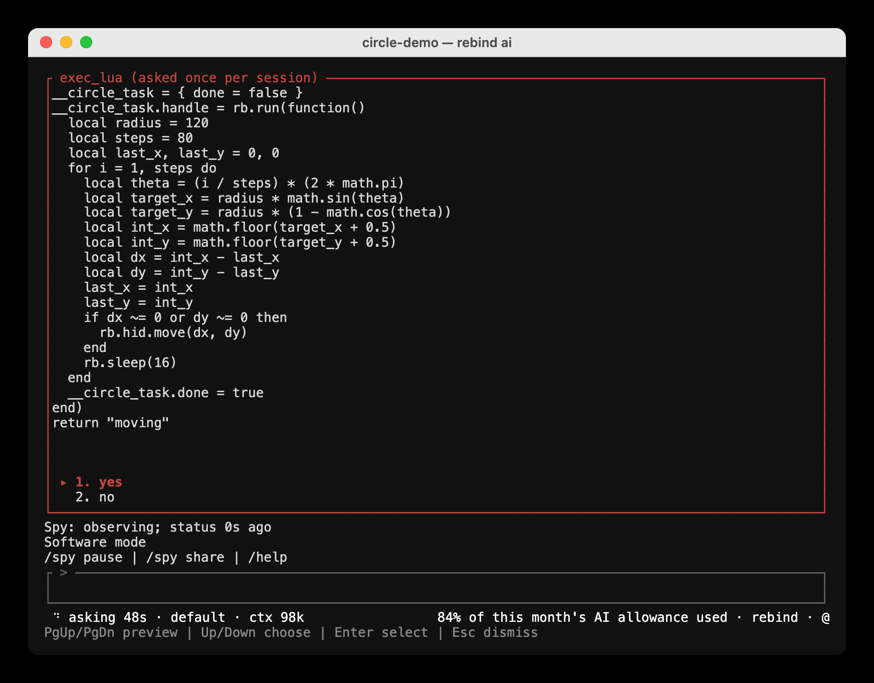 An exec_lua approval box listing a Luau chunk that moves the pointer 80 small steps around a circle, with yes selected and no below it