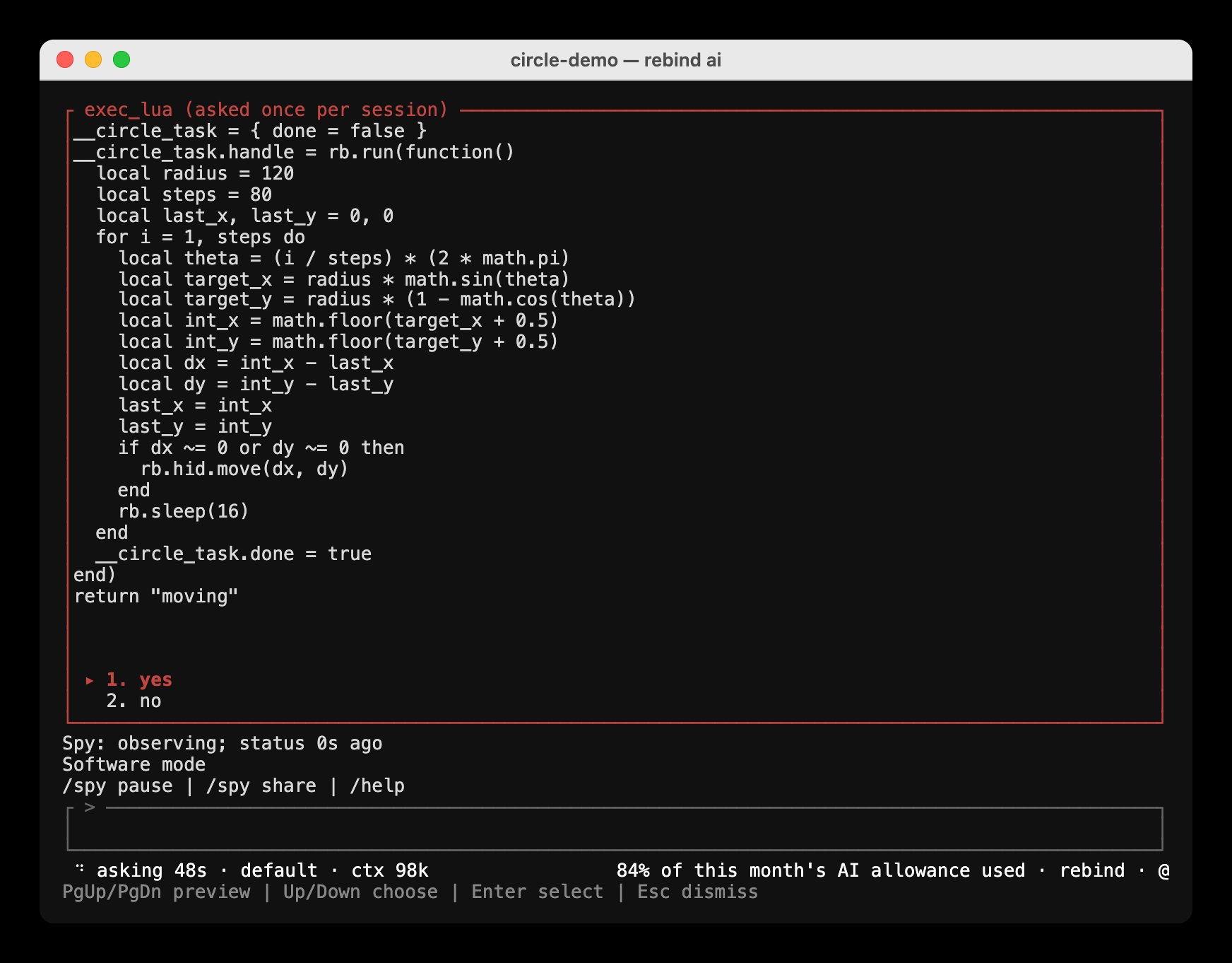 An exec_lua approval box listing a Luau chunk that moves the pointer 80 small steps around a circle, with yes selected and no below it