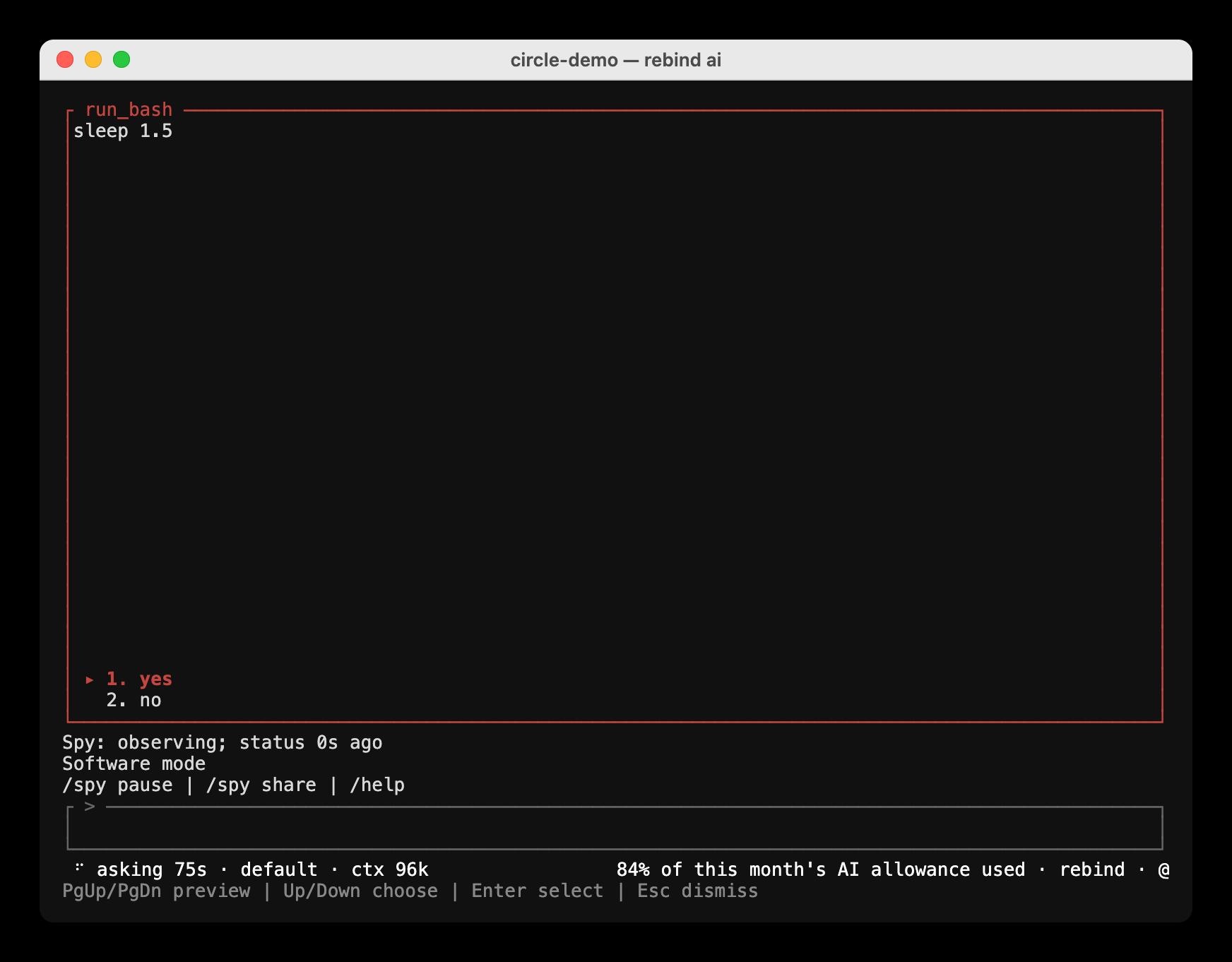 A run_bash approval box for the command sleep 1.5, with yes and no