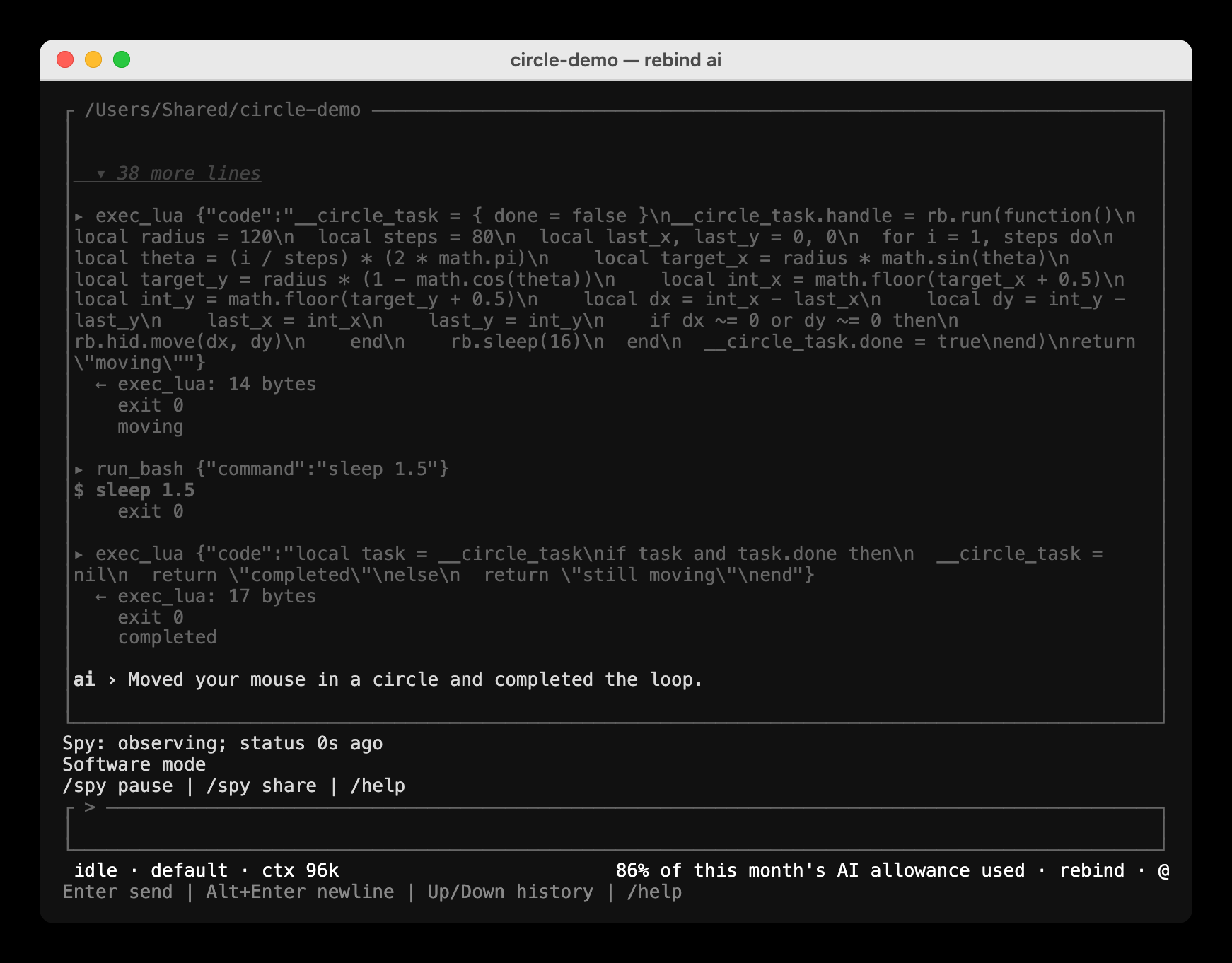 The finished conversation: the exec_lua call returning moving, sleep 1.5 exiting 0, a second exec_lua call returning completed, and the reply Moved your mouse in a circle and completed the loop