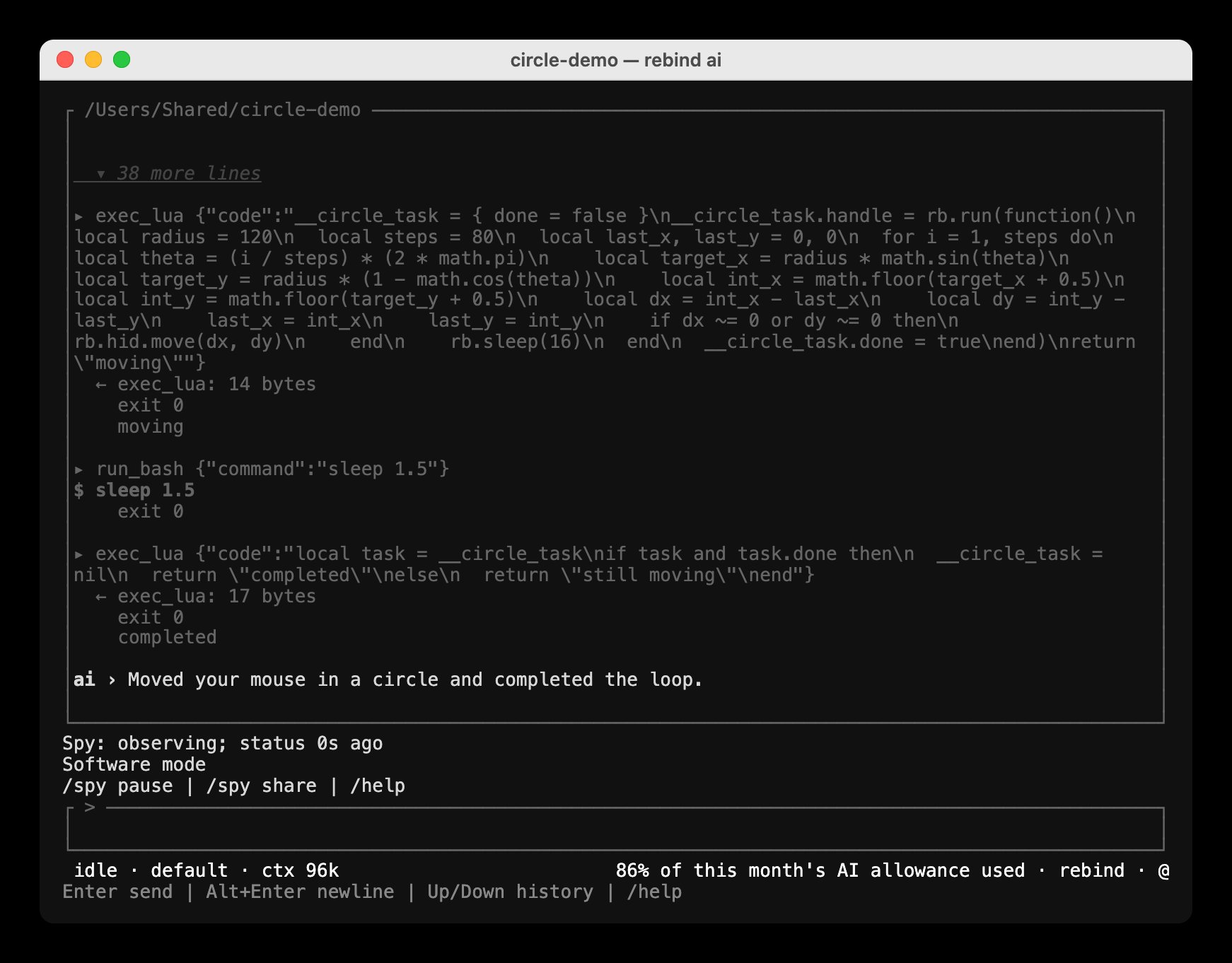 The finished conversation: the exec_lua call returning moving, sleep 1.5 exiting 0, a second exec_lua call returning completed, and the reply Moved your mouse in a circle and completed the loop
