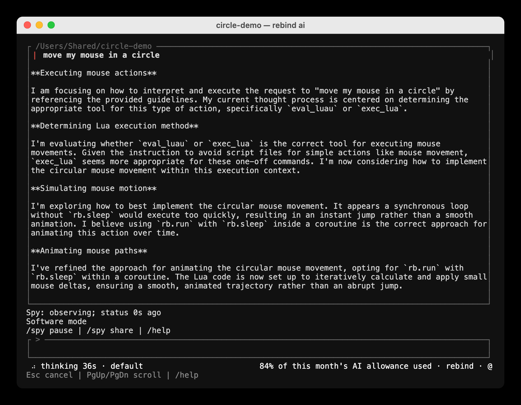 rebind ai showing the request move my mouse in a circle, followed by the agent's reasoning about using rb.run and rb.sleep to animate the movement