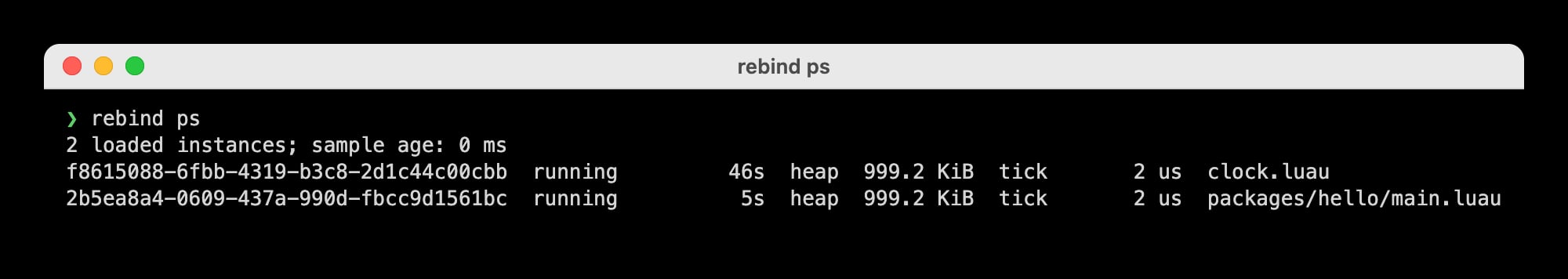 Terminal output of rebind ps showing two running instances, clock.luau and packages/hello/main.luau, each with an ID, uptime, heap size, and tick time
