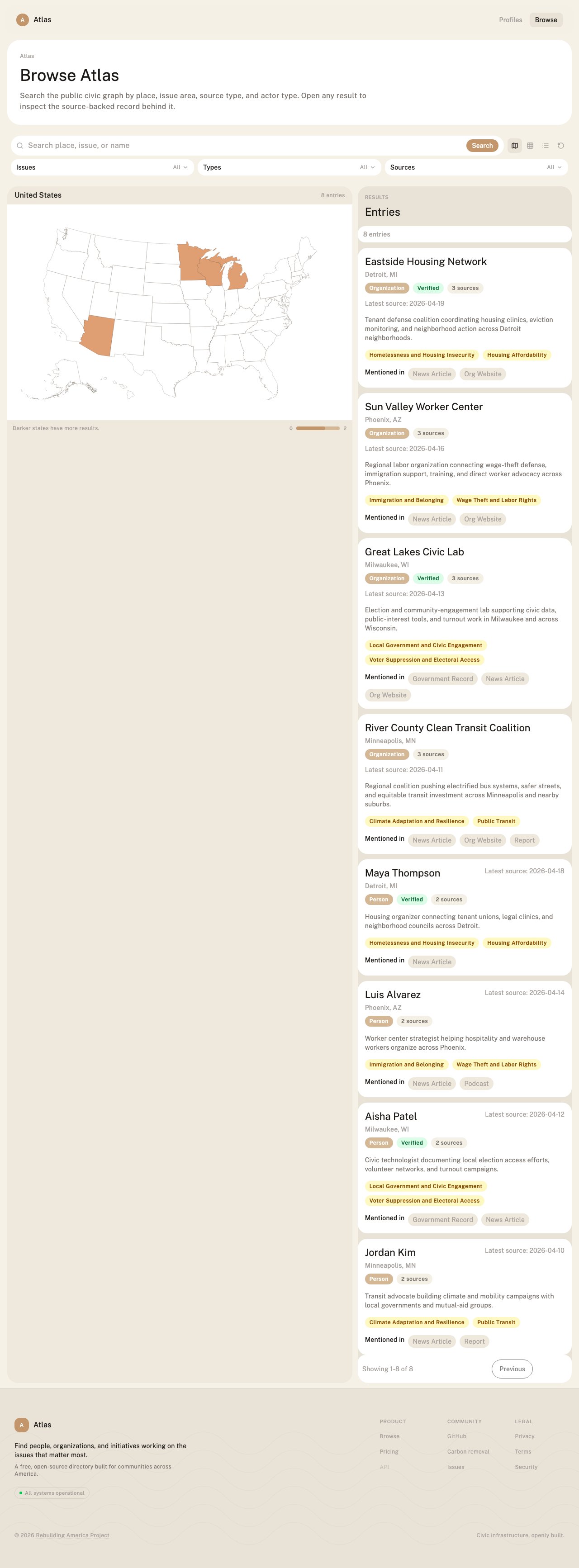 Atlas browse screen showing search, issue filters, source filters, a map, and source-backed result cards.