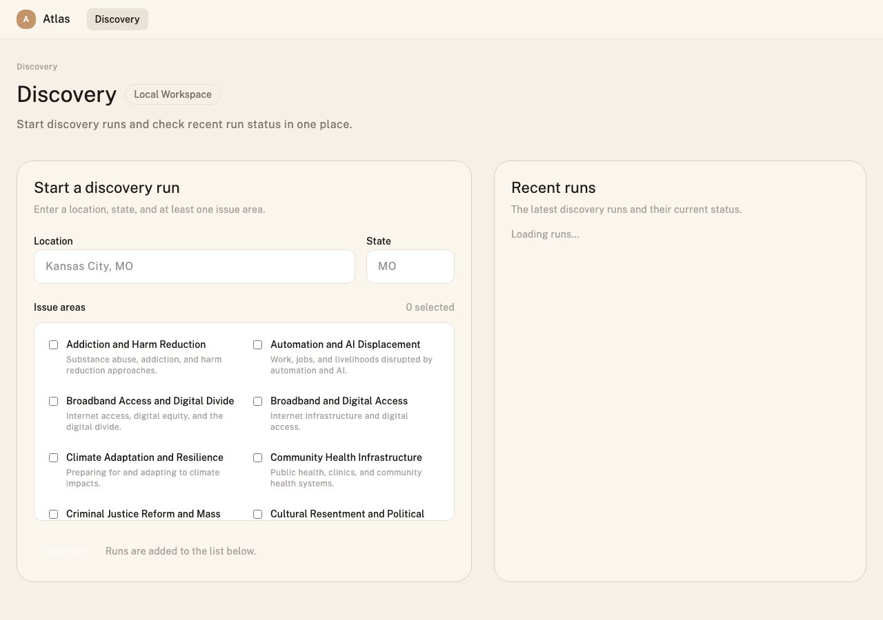 Atlas discovery screen with a form for location, state, issue areas, and a recent-runs panel.