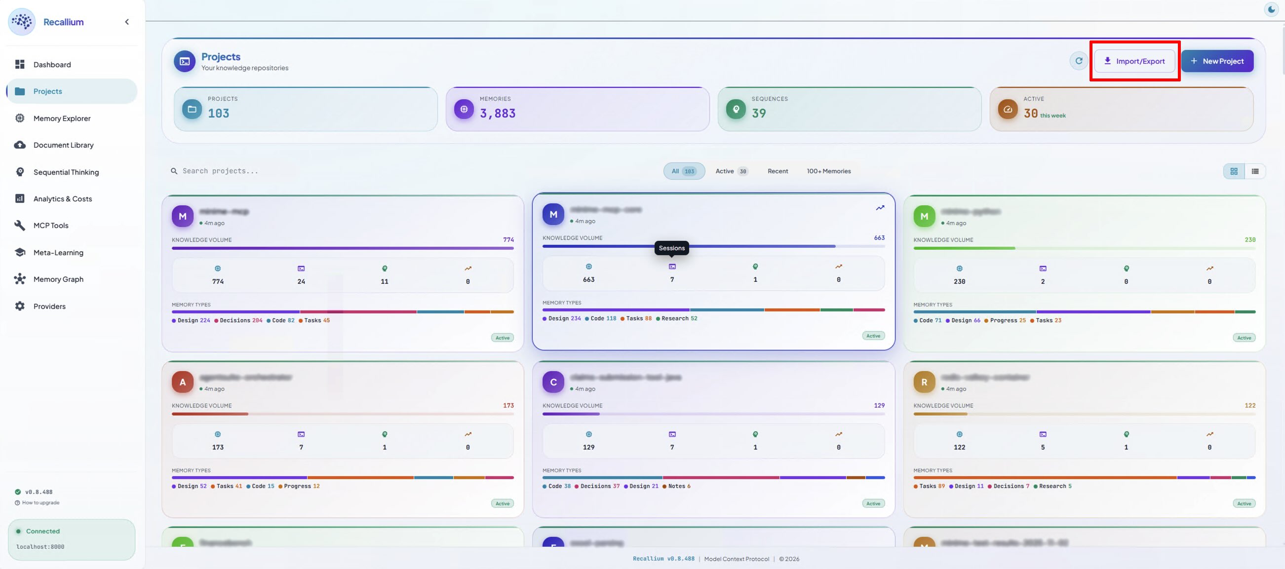 The Recallium Community dashboard on the Projects page, with the Import/Export button highlighted at the top right