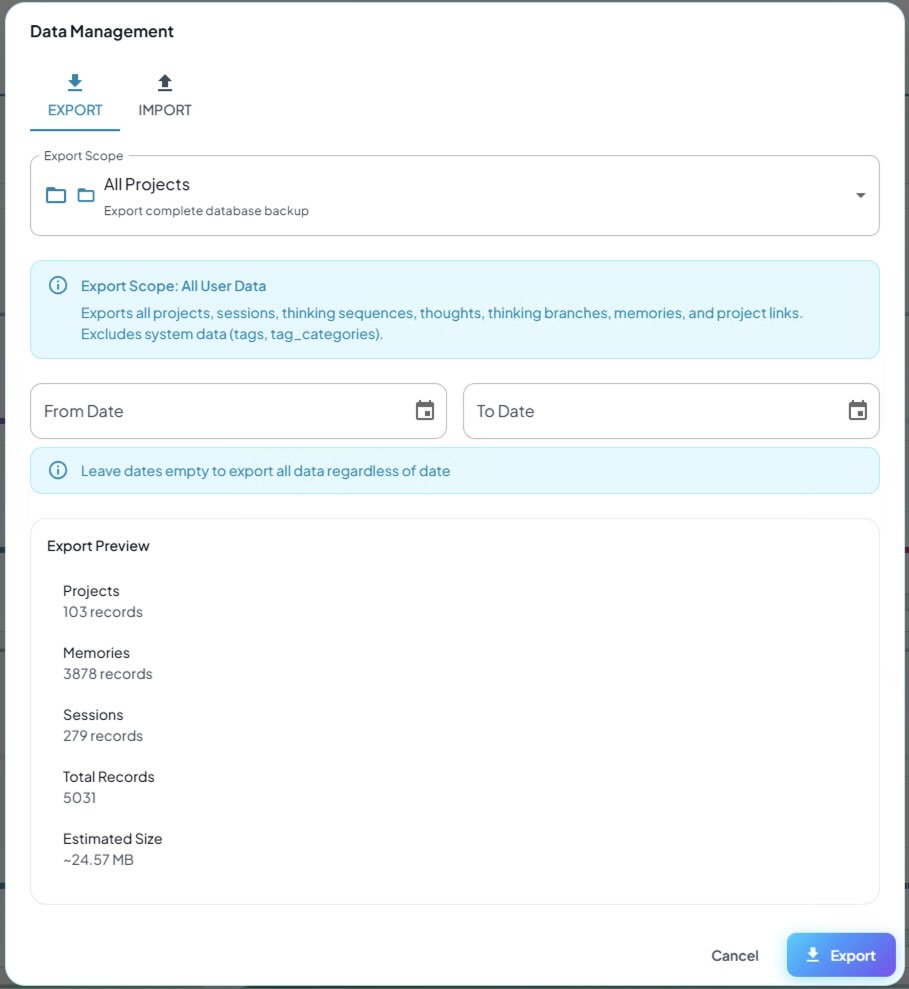 The Data Management dialog on the Export tab, showing the All Projects scope, empty From and To dates, a preview of record counts and size, and the Export button