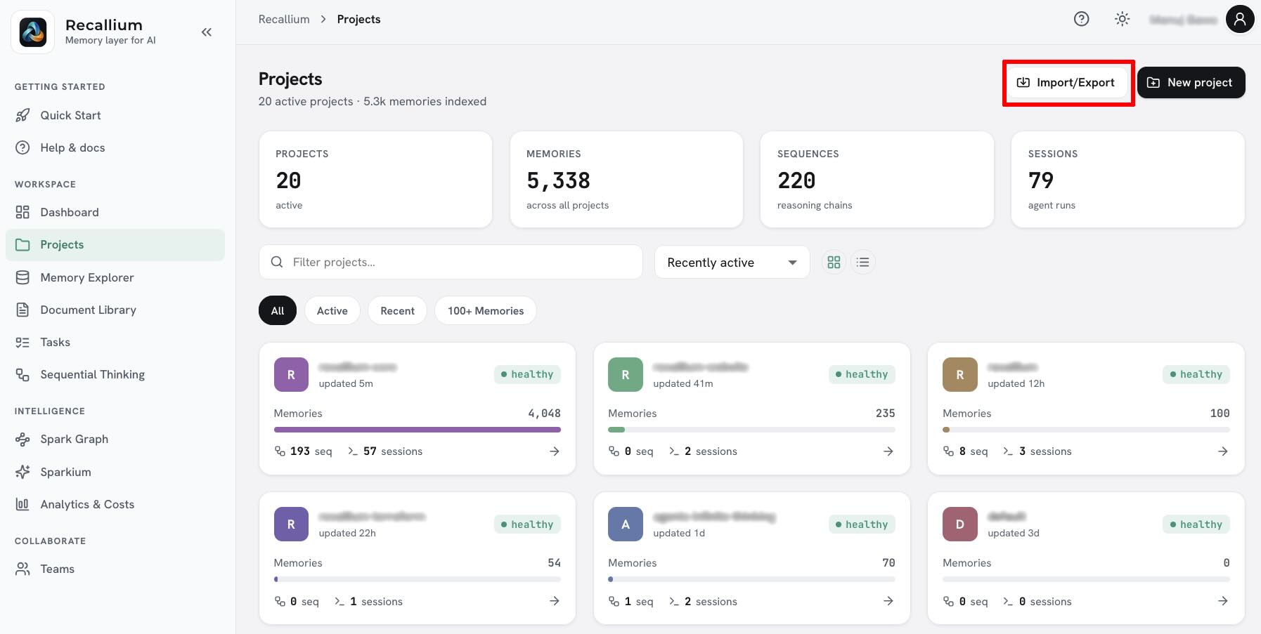 The Recallium Cloud Projects page, with the Import/Export button highlighted at the top right
