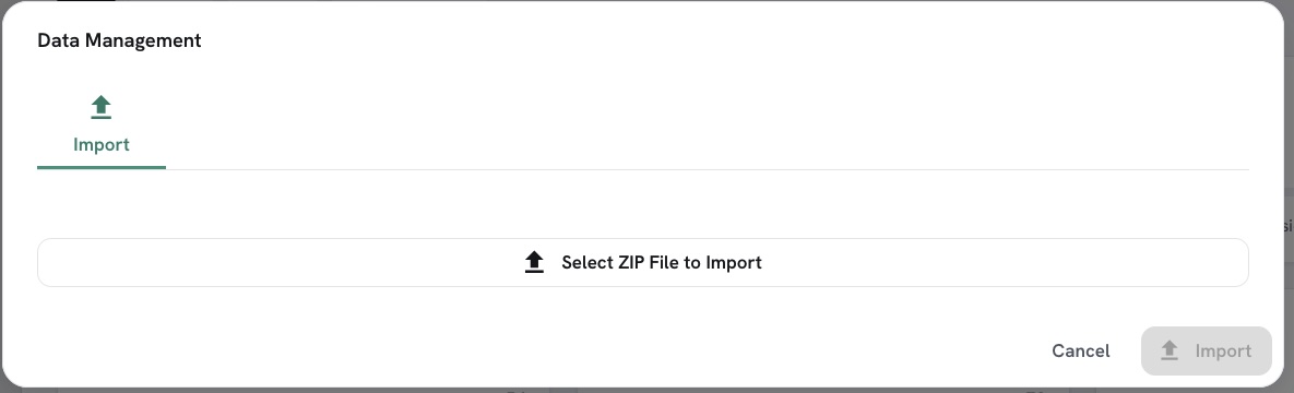 The Data Management dialog on the Import tab, showing the Select ZIP File to Import button and the Import button