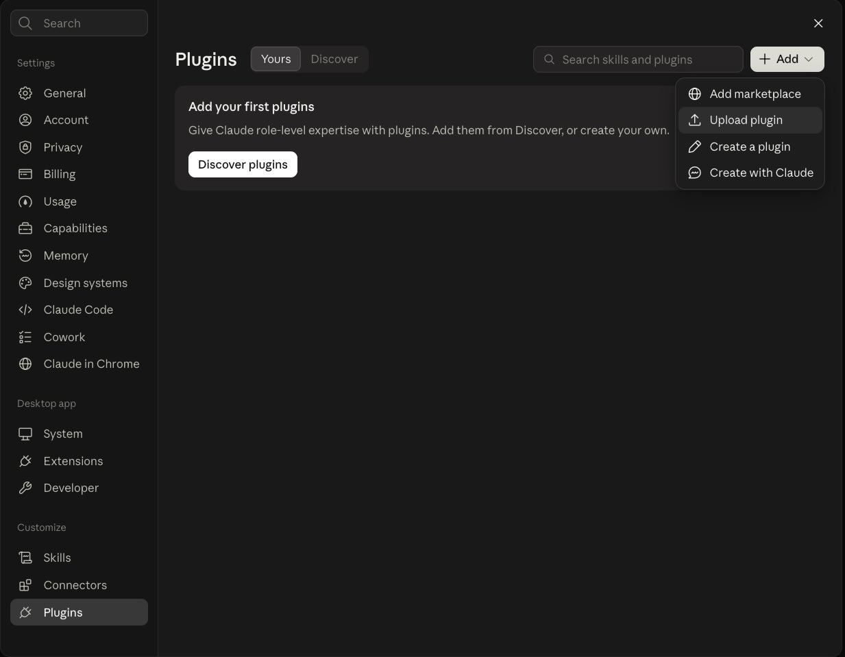 The Plugins screen in Claude Desktop with the Add menu open and Upload plugin highlighted