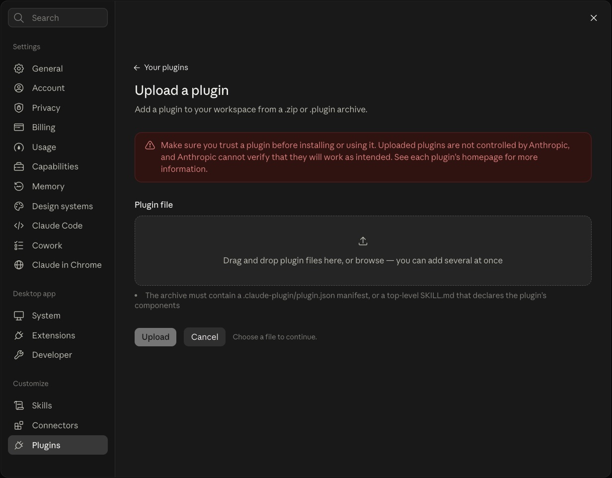 The Upload a plugin screen in Claude Desktop with the Plugin file drop area and the Upload button