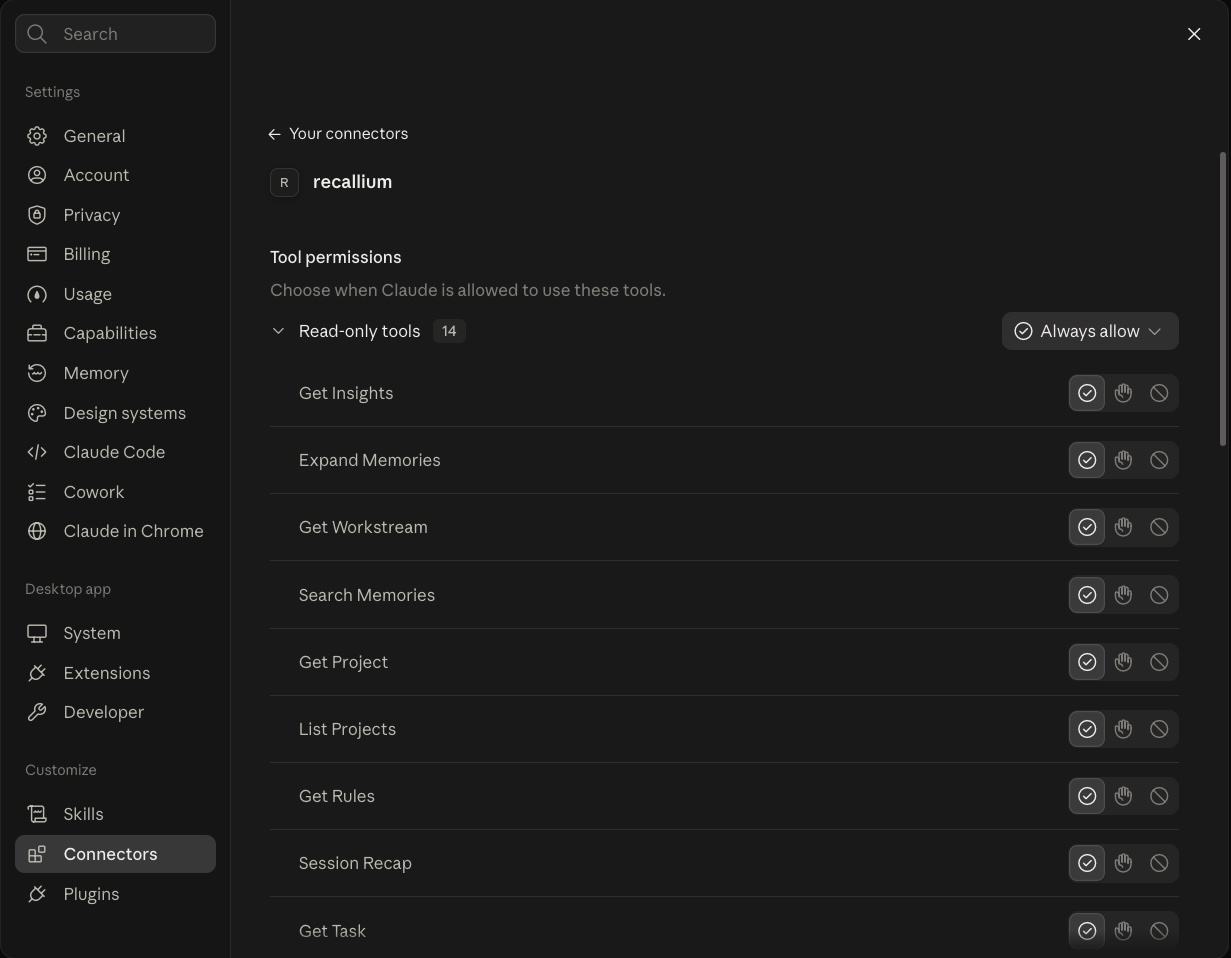 The recallium connector in Claude Desktop showing Tool permissions with Read-only tools set to Always allow