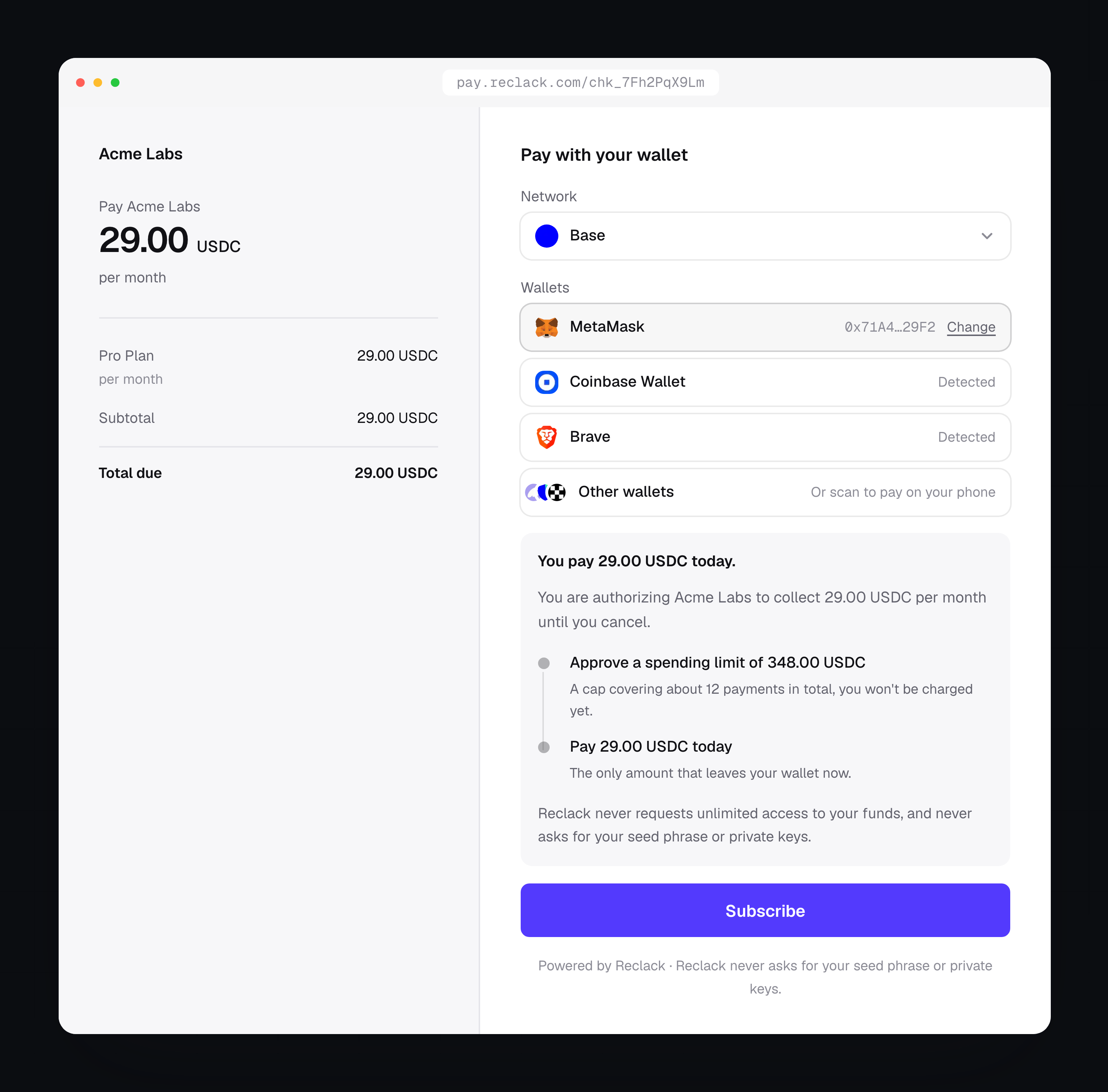 The hosted checkout page: the statement on the left with the amount and the total due, and the wallet form on the right with the network, the detected wallets and the spending limit explained in words.