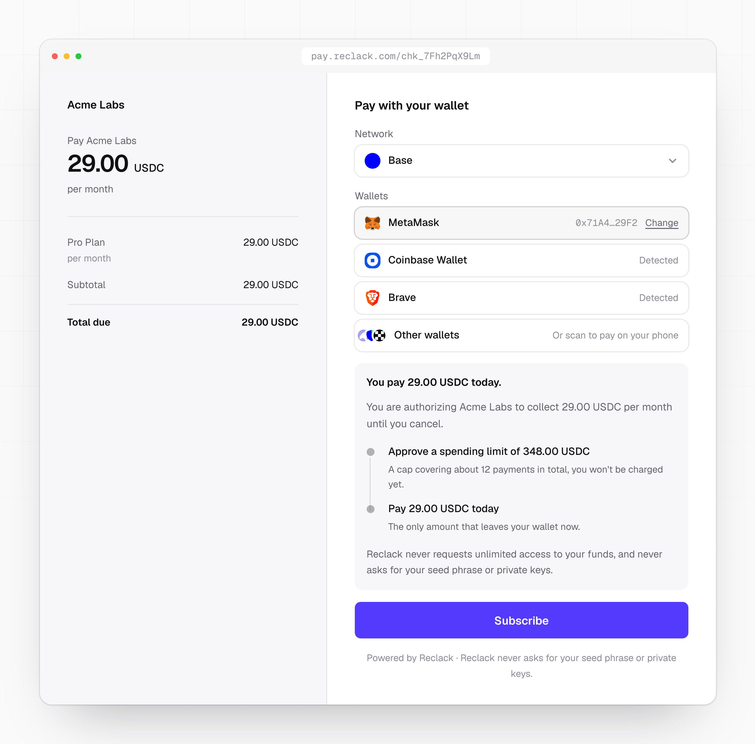 The hosted checkout page: the statement on the left with the amount and the total due, and the wallet form on the right with the network, the detected wallets and the spending limit explained in words.