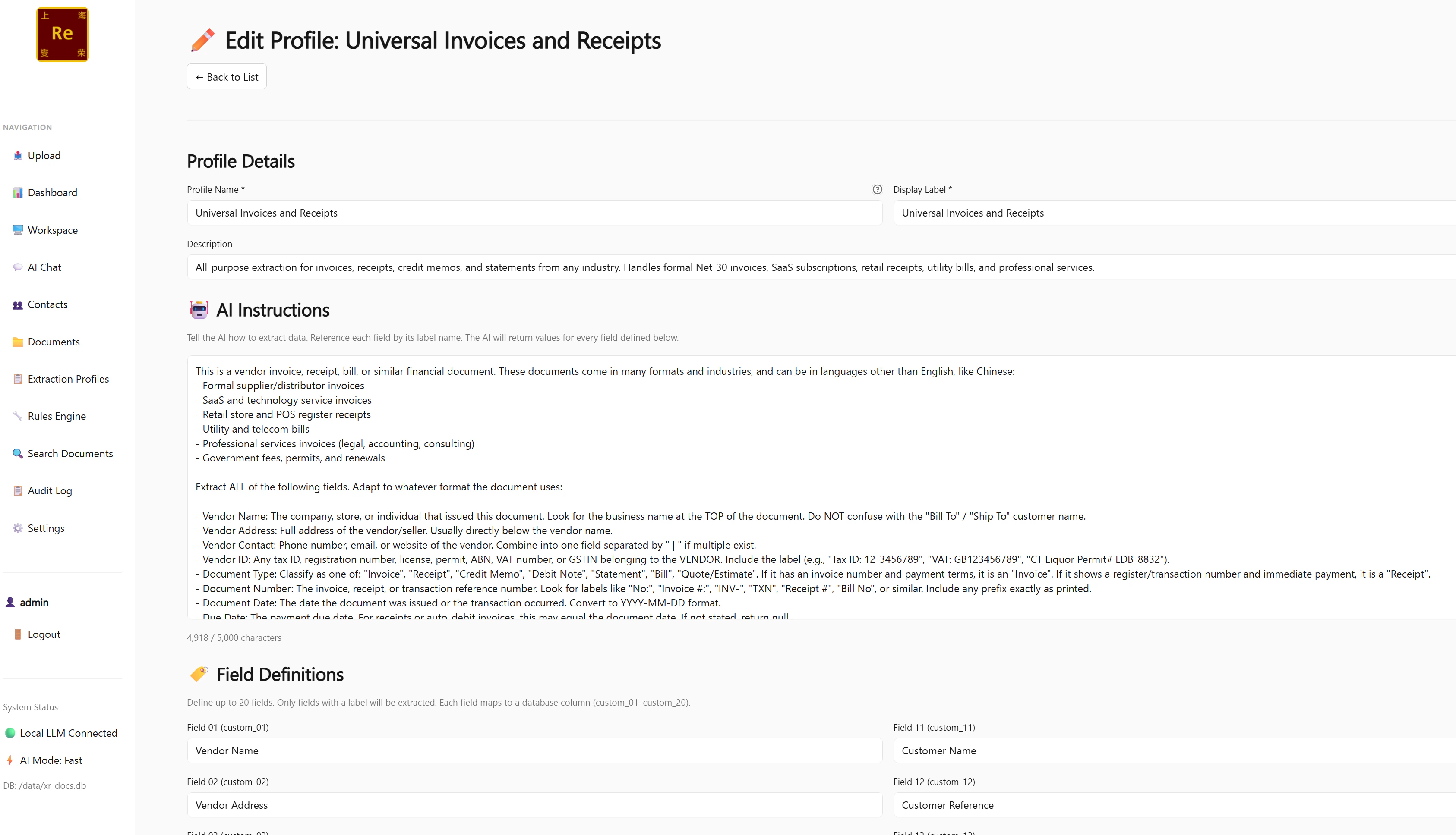 Extraction Profiles page showing all 7 built-in profiles