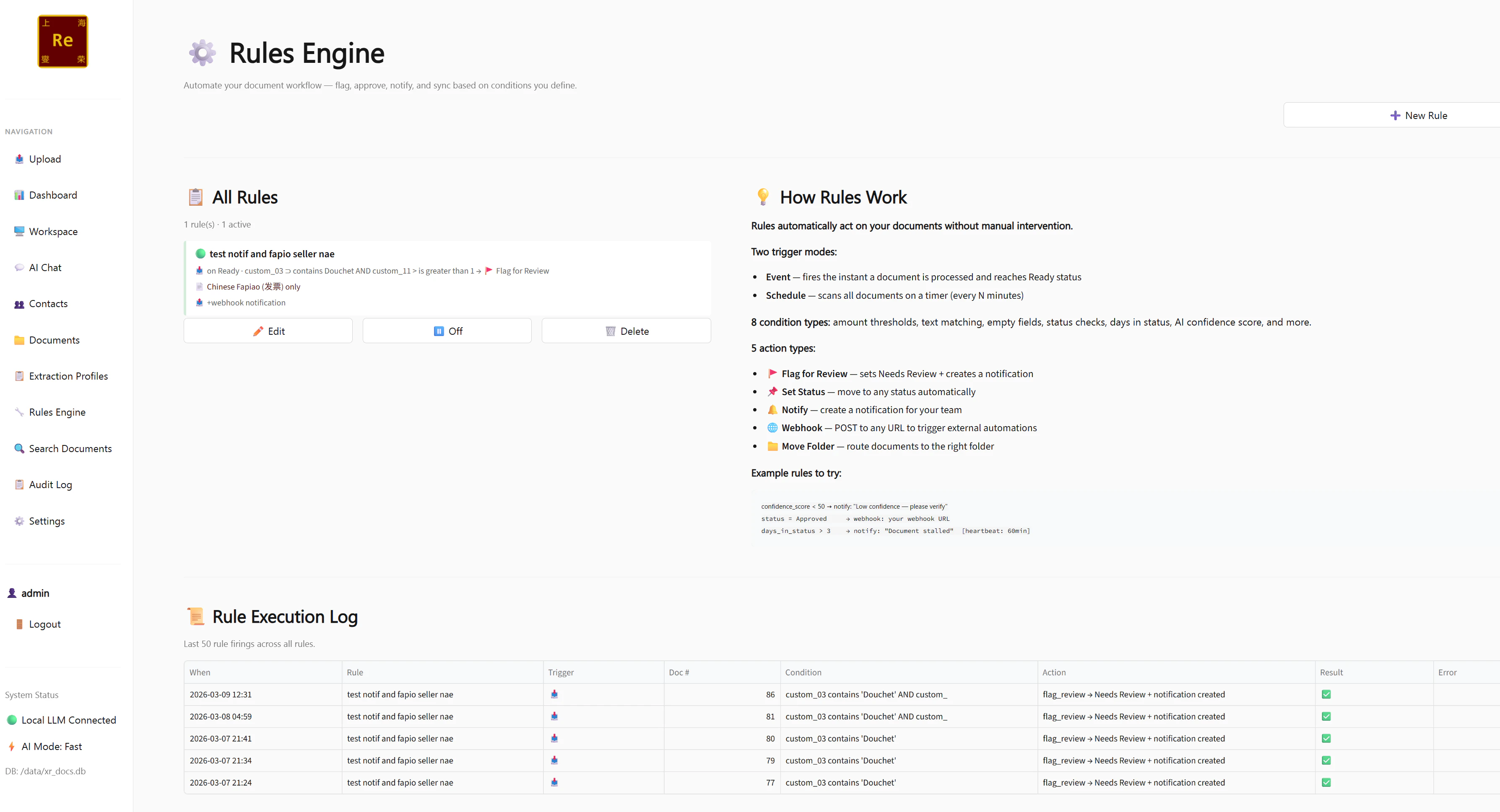 Rules Engine page showing a list of active rules
