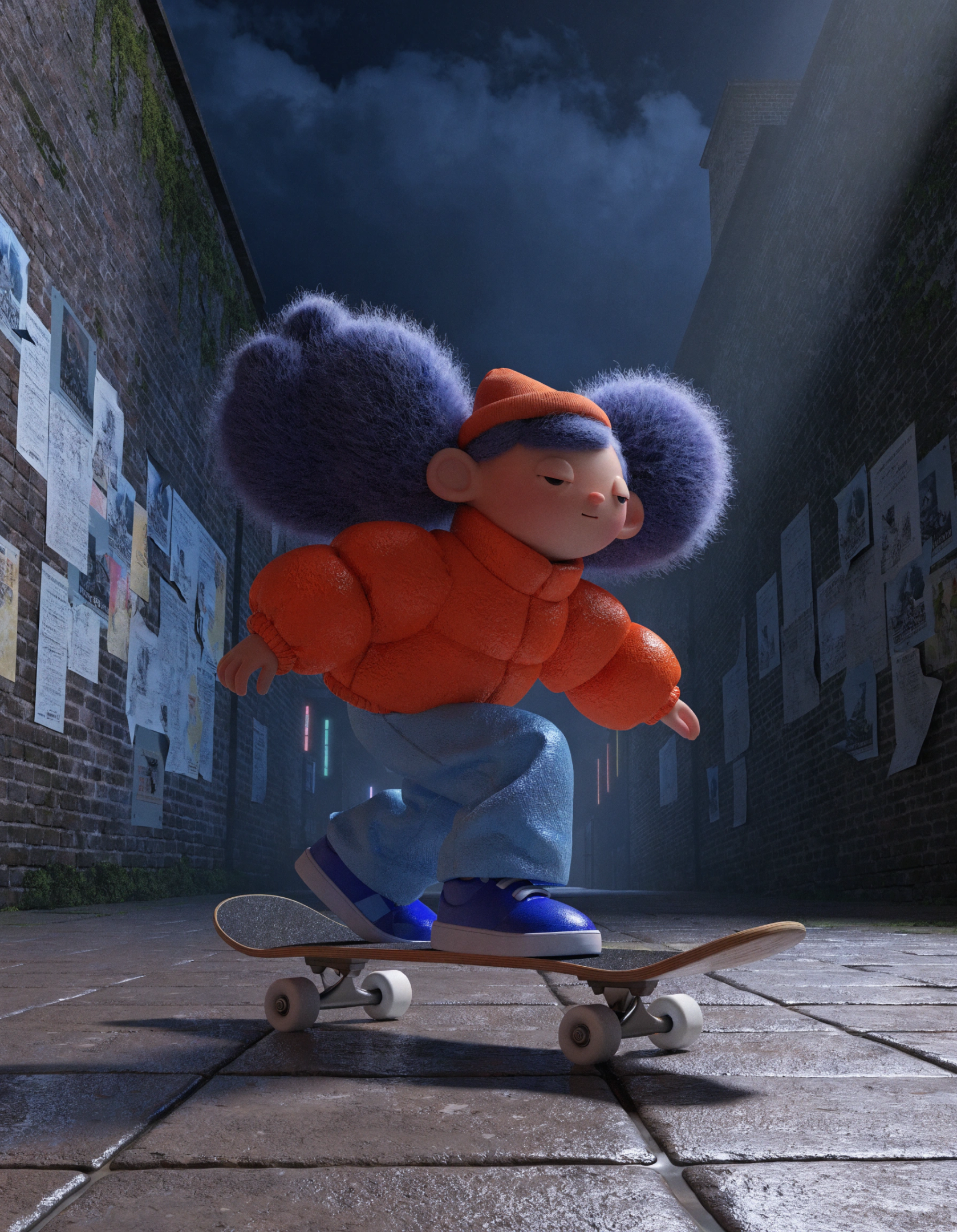 Cinematic stylized 3D night.