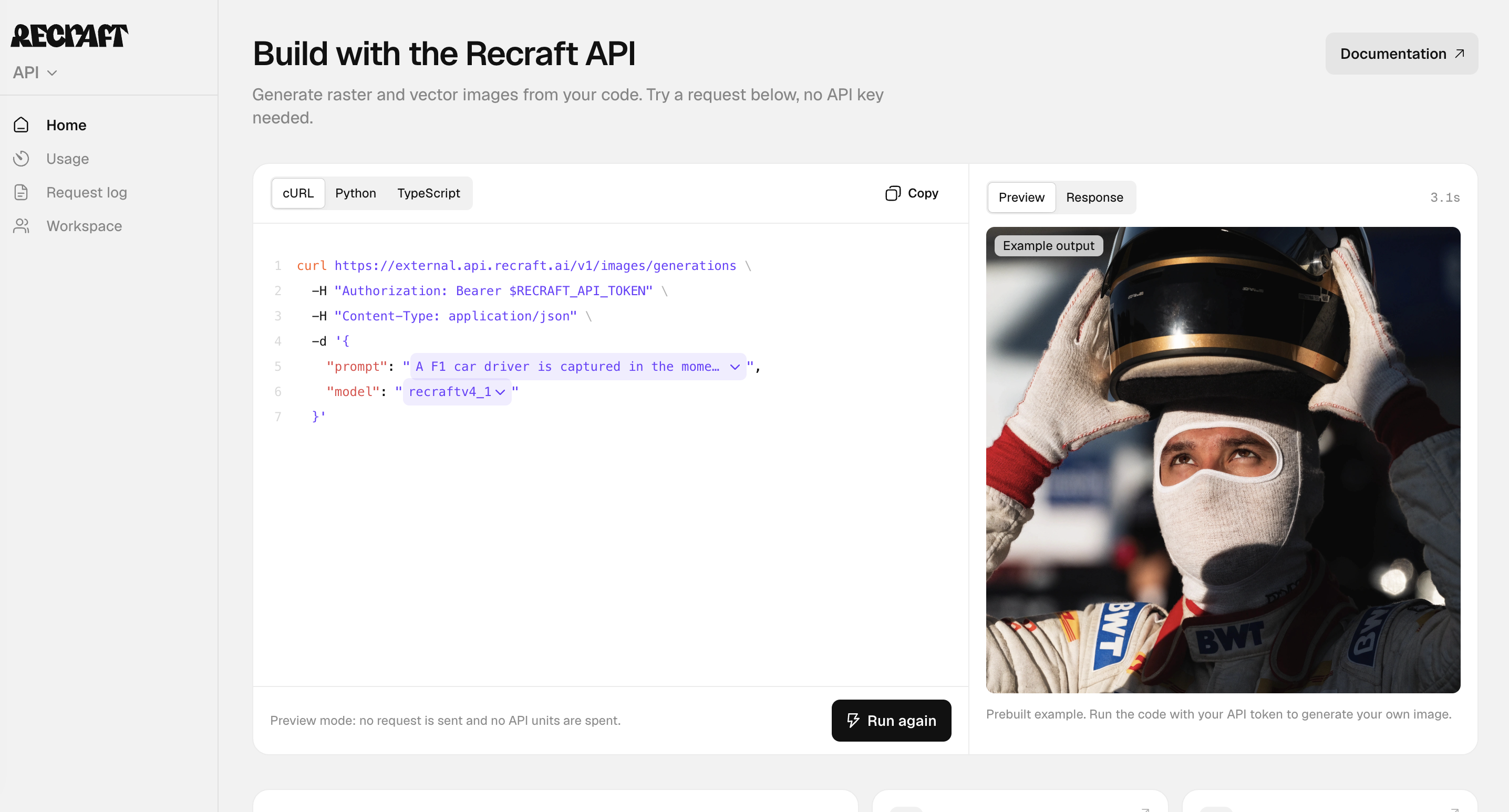 API Portal playground with a prebuilt example result