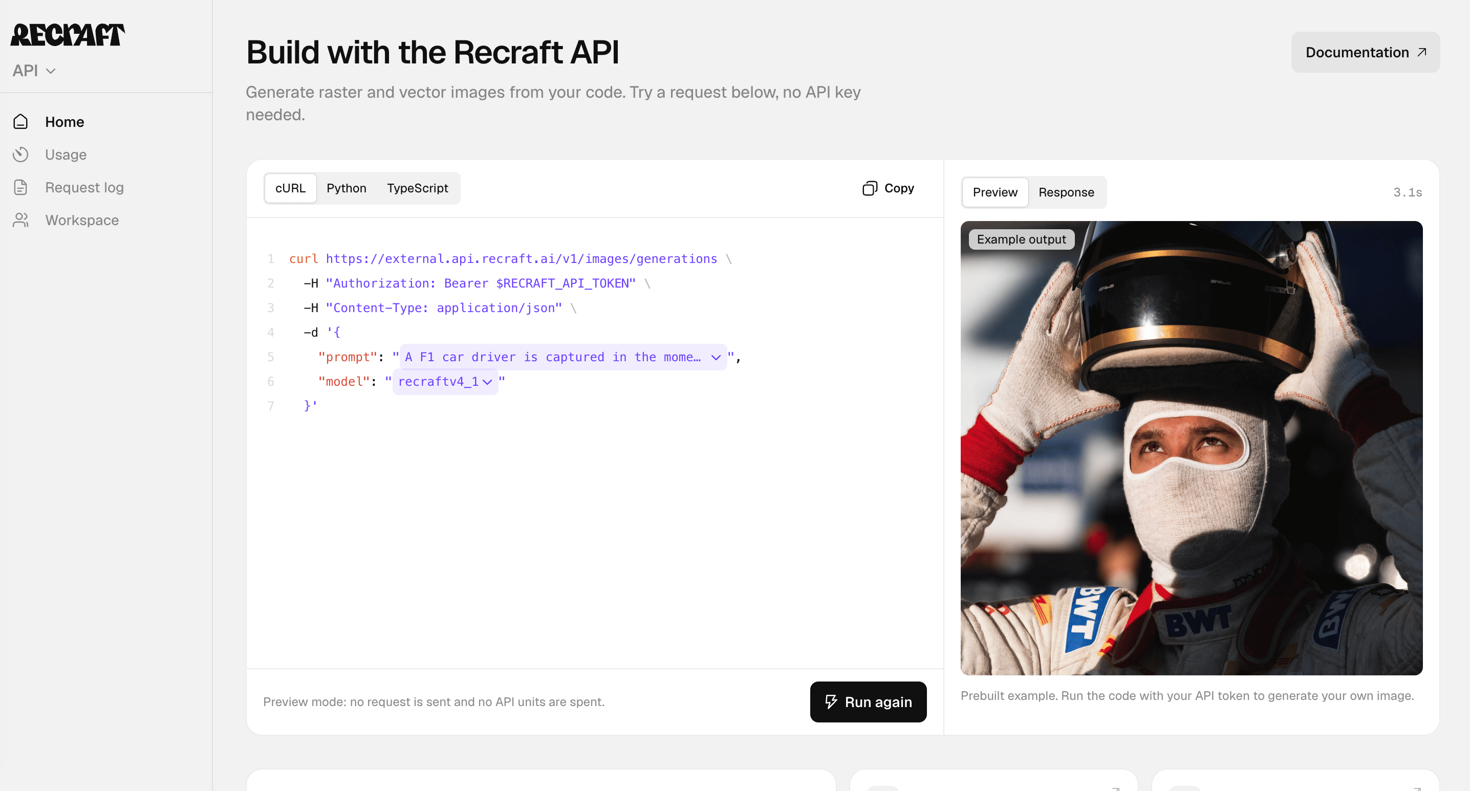 API Portal playground with a prebuilt example result