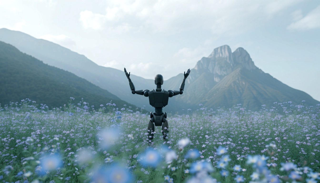 Prompt: A humanoid robot with black body standing in a vast wildflower meadow with arms raised upward, captured from behind, dramatic mountain ranges stretching across the horizon in soft focus, endless field of blue and white flowers surrounding the robot, professional cinematic photograph, contemporary sci-fi style, contemplative and mystical mood, soft diffused daylight with gentle atmospheric haze, cool color palette with pastel blues, whites, and muted greens, sharp focus on the robotic silhouette, slight depth of field blur on distant mountains, shot with 35mm lens at f/2.8