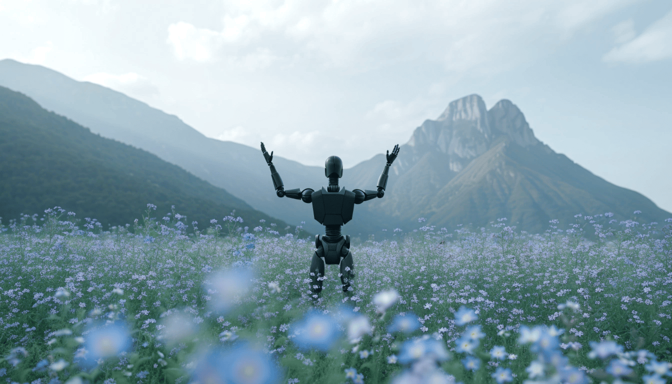Prompt: A humanoid robot with black body standing in a vast wildflower meadow with arms raised upward, captured from behind, dramatic mountain ranges stretching across the horizon in soft focus, endless field of blue and white flowers surrounding the robot, professional cinematic photograph, contemporary sci-fi style, contemplative and mystical mood, soft diffused daylight with gentle atmospheric haze, cool color palette with pastel blues, whites, and muted greens, sharp focus on the robotic silhouette, slight depth of field blur on distant mountains, shot with 35mm lens at f/2.8