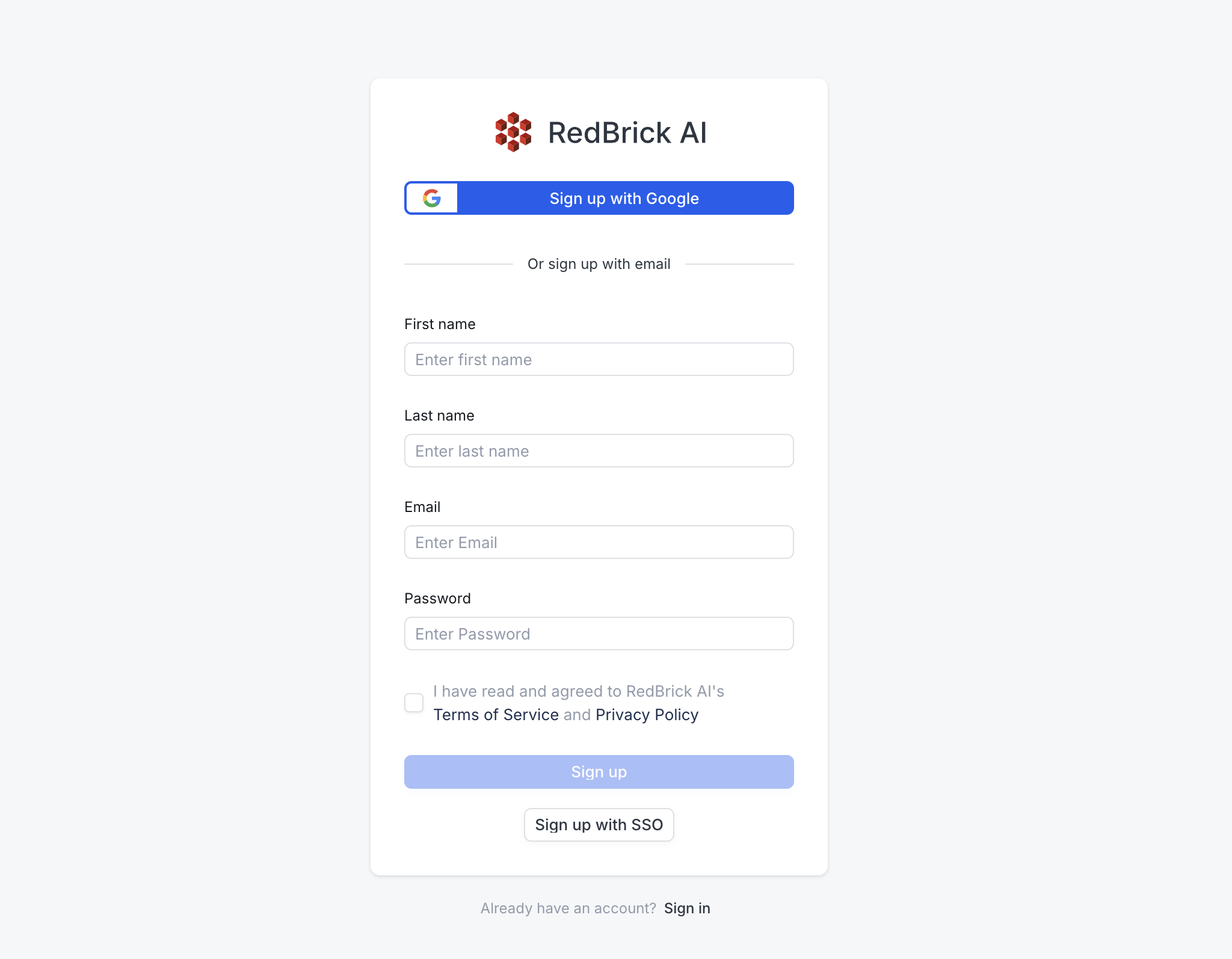 RedBrick Account Creation Screen