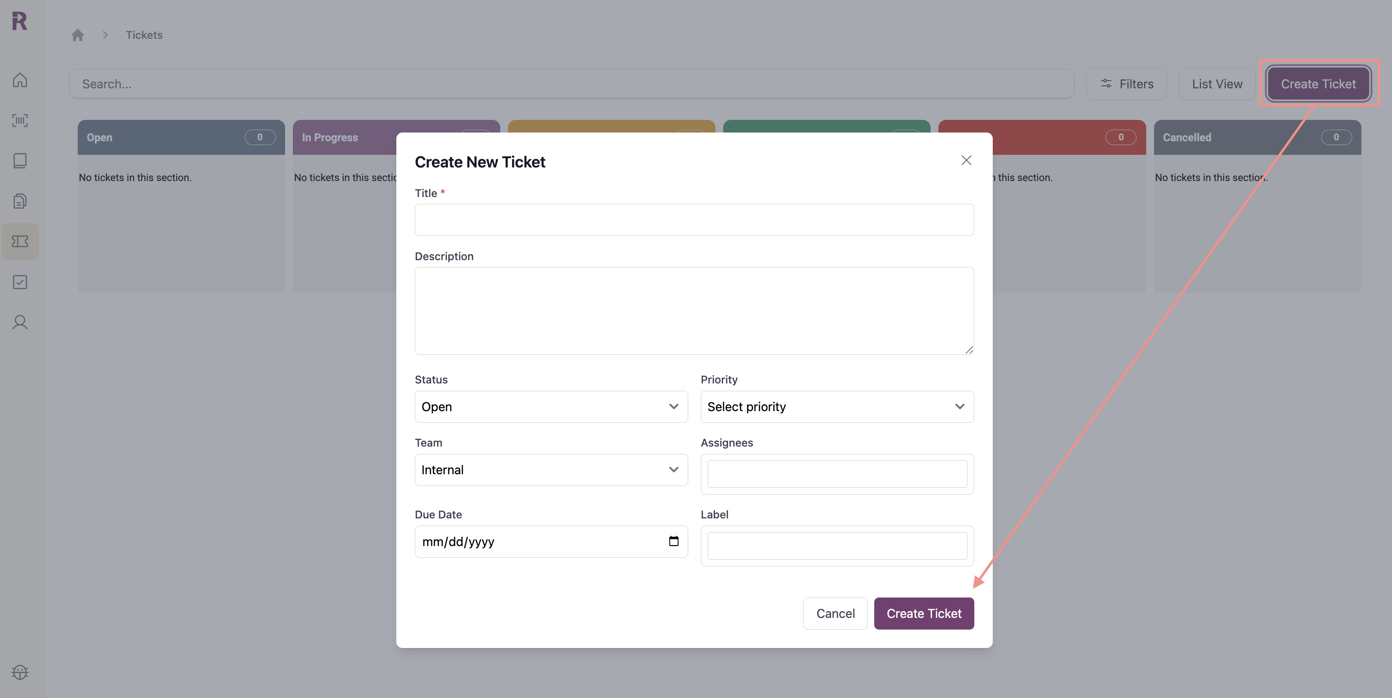Create ticket form showing all fields for ticket creation