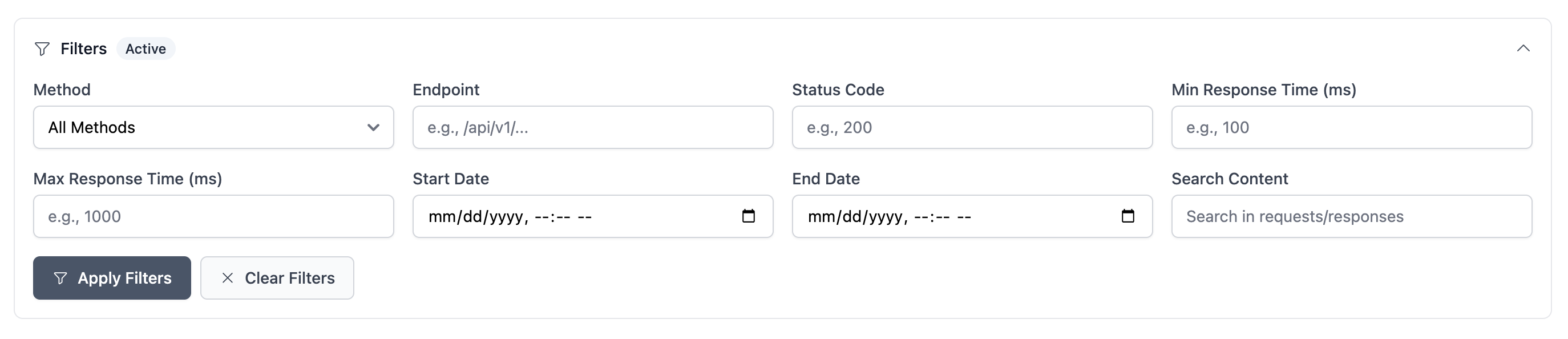 Filters panel for real-time API logs