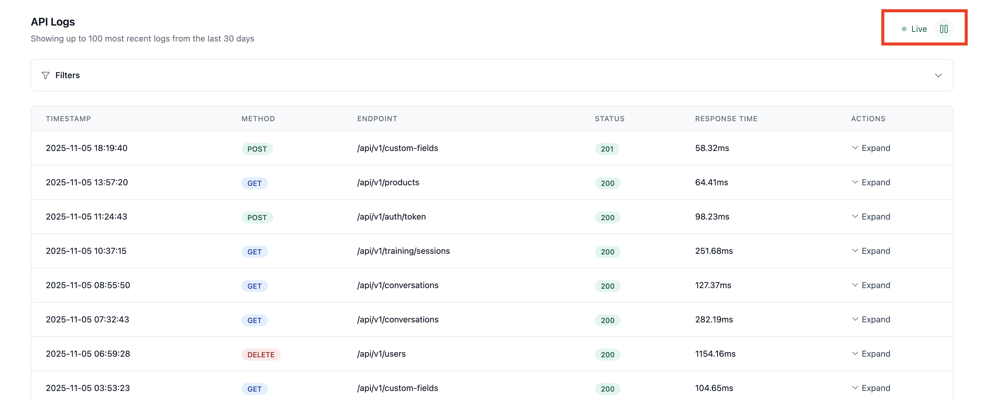 Live monitoring indicator showing real-time API logs