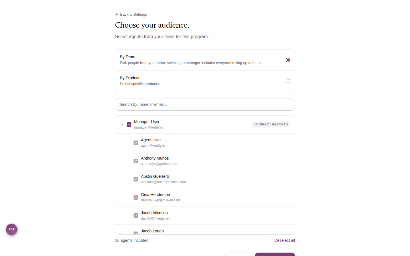 The Choose your audience step with By Team selected and a manager's team checked in the people picker