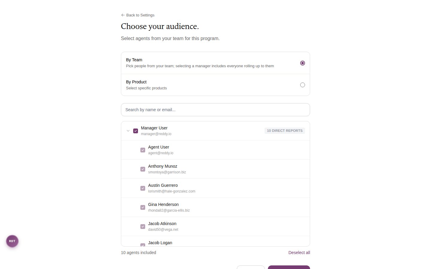 The Choose your audience step with By Team selected and a manager's team checked in the people picker
