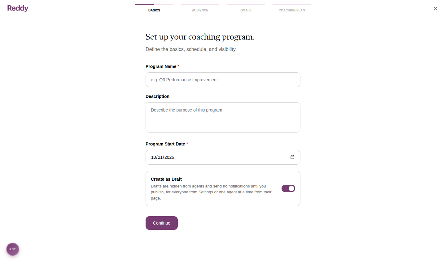 The Basics step with Program Name, Description, Program Start Date, and the Create as Draft switch