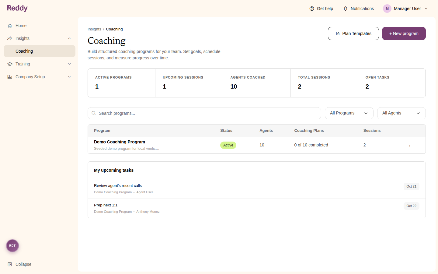 The Coaching home page with summary counts, a program list, and the My upcoming tasks panel