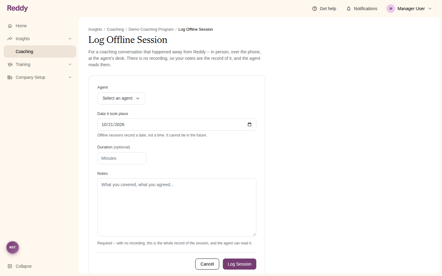 The Log Offline Session form with Agent, Date it took place, Duration, and Notes