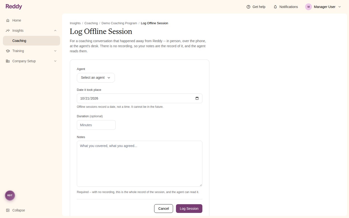 The Log Offline Session form with Agent, Date it took place, Duration, and Notes
