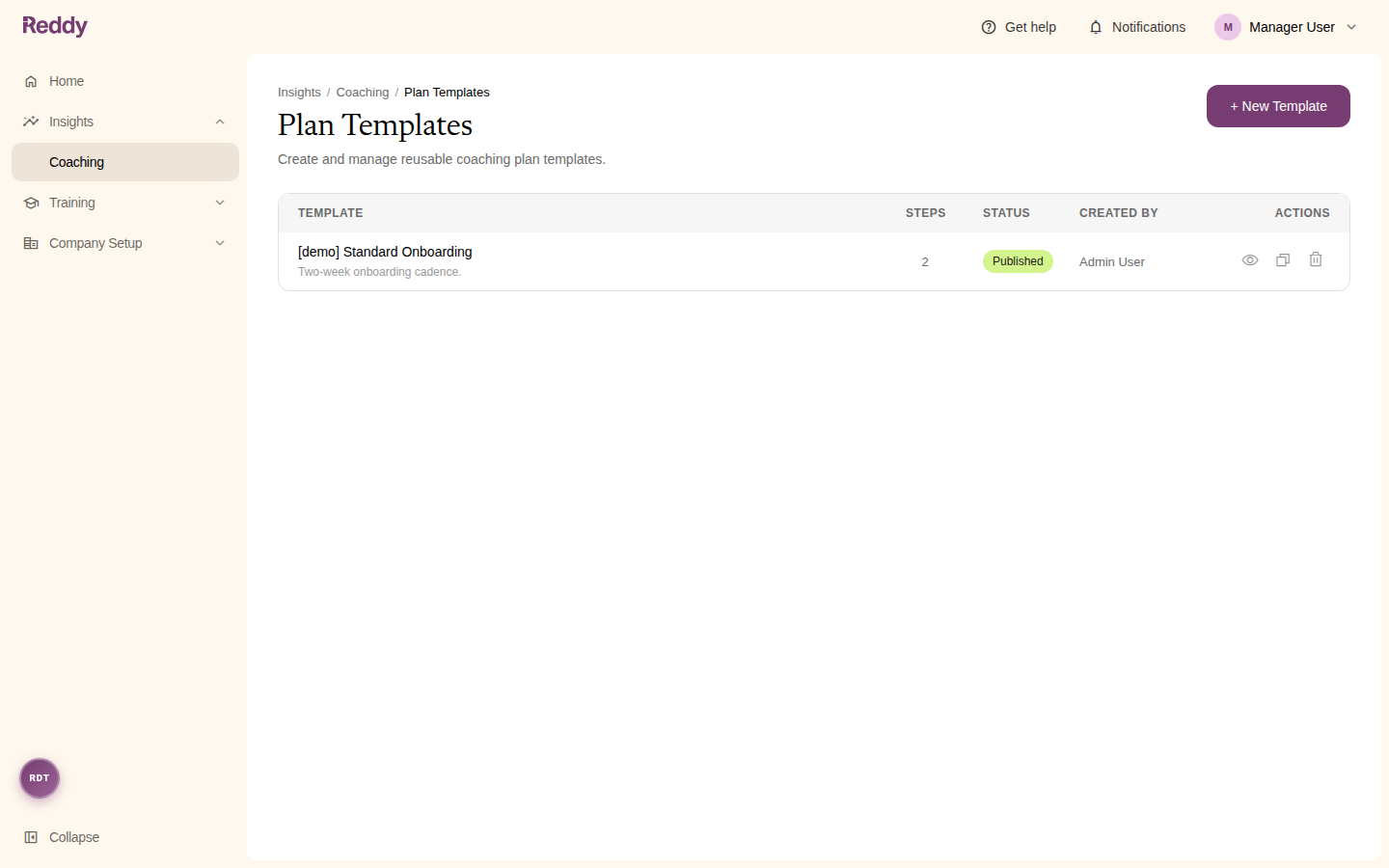 The Plan Templates page listing a published template with its step count, status, author, and actions