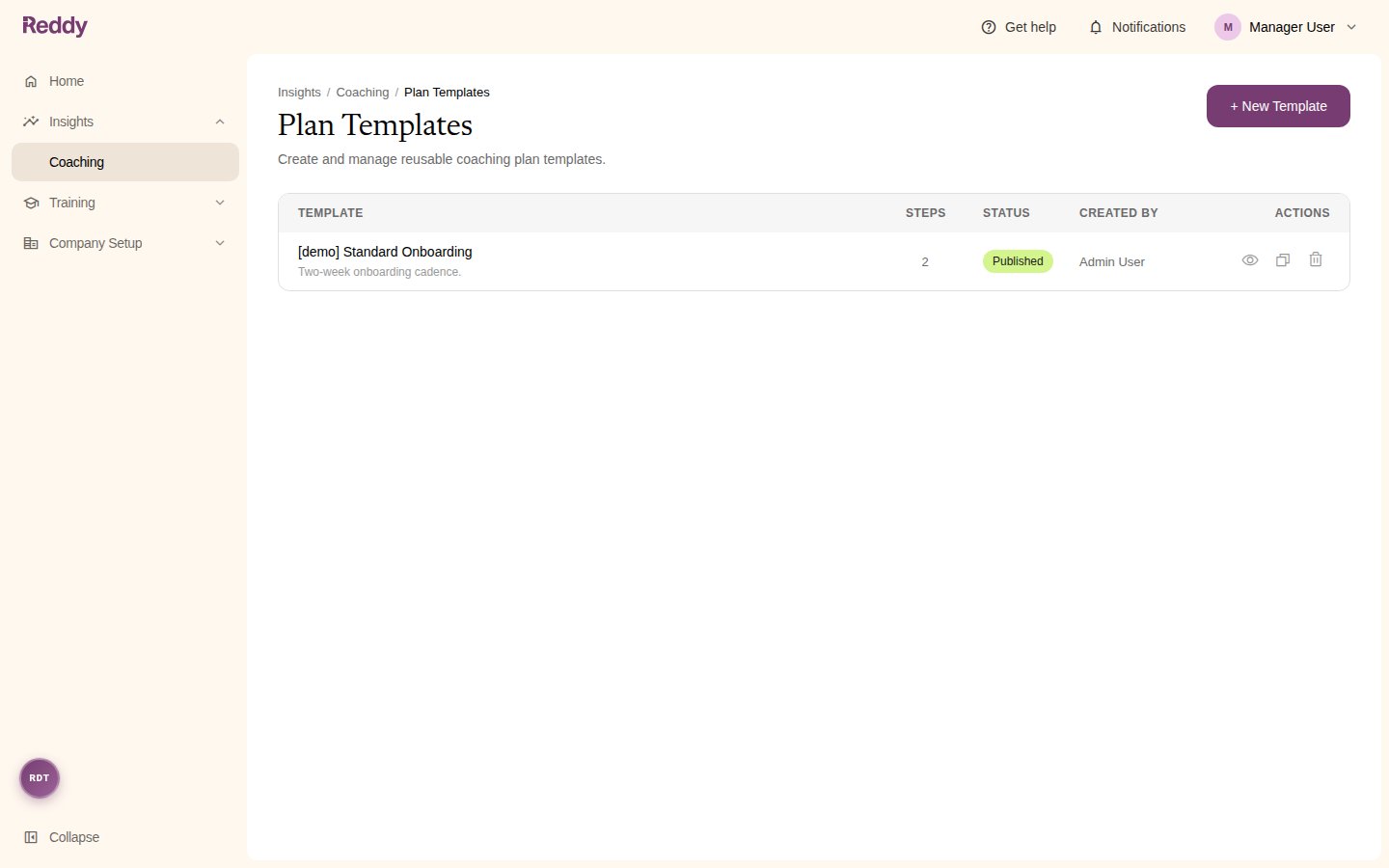 The Plan Templates page listing a published template with its step count, status, author, and actions