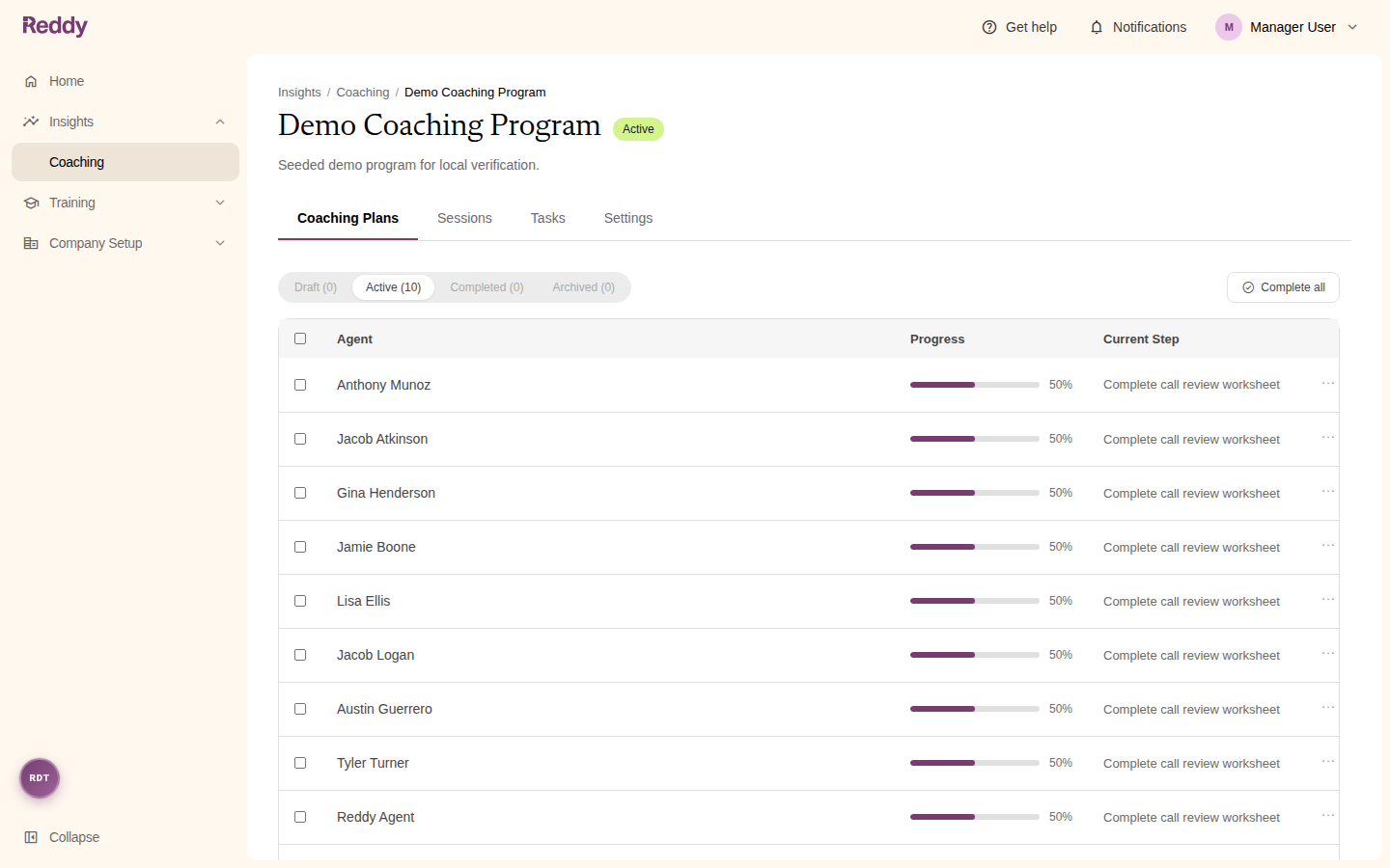 A program's Coaching Plans tab listing agents with a progress bar and their current step